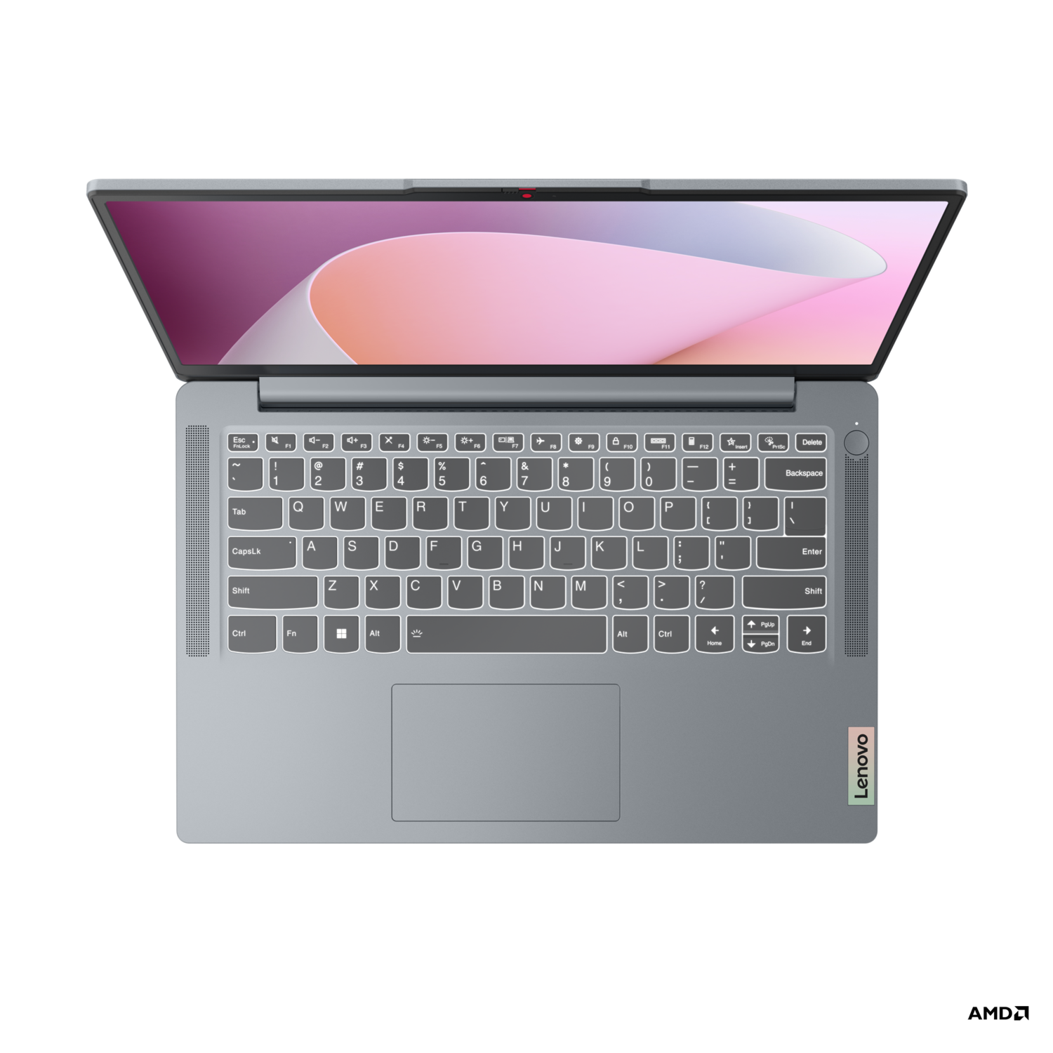 Een open laptop, bovenaanzicht. Grijze behuizing, wit toetsenbord, roze en wit scherm, zwarte achtergrond.