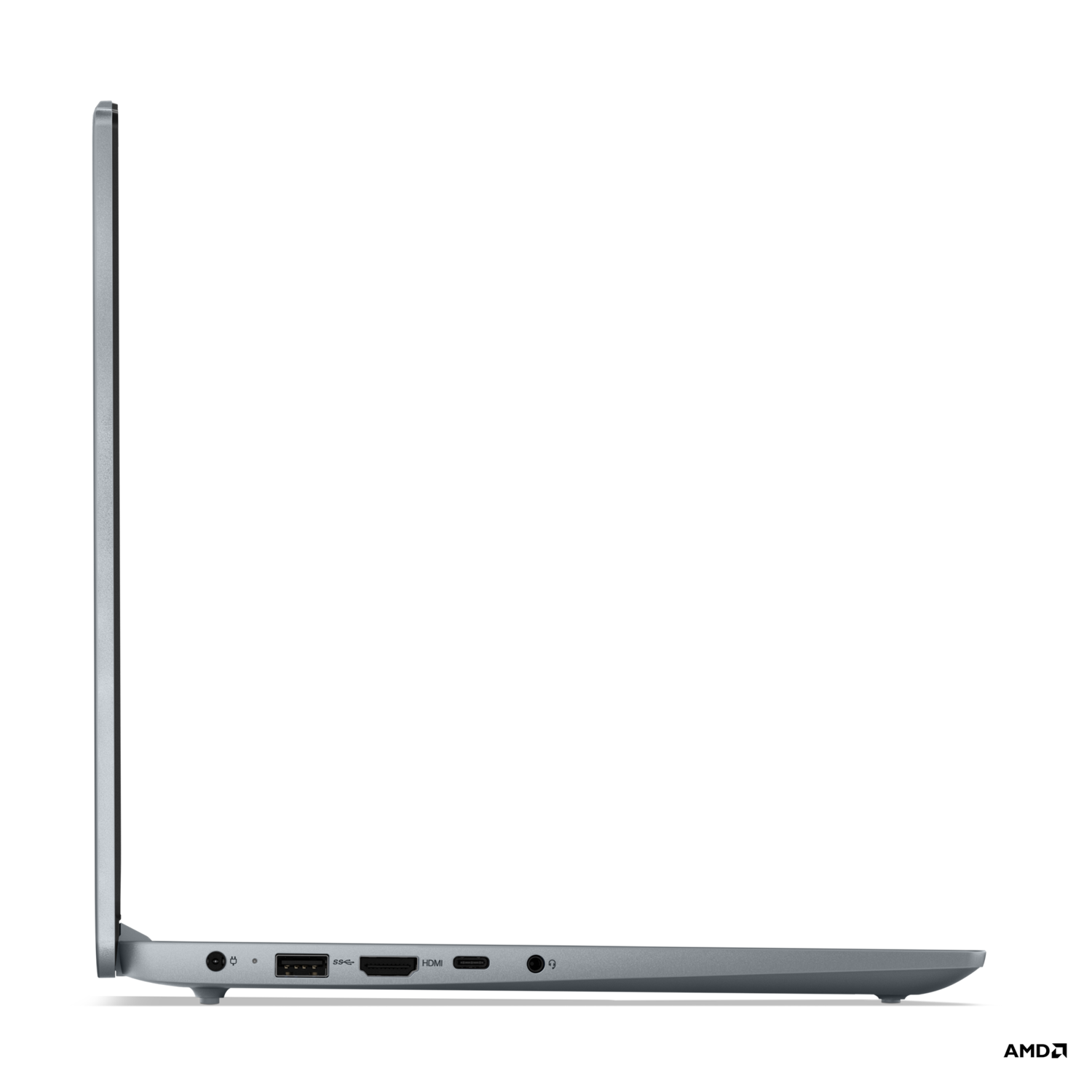 Zijaanzicht van een grijze laptop. Zichtbare poorten en Lenovo-logo. Zwarte achtergrond.