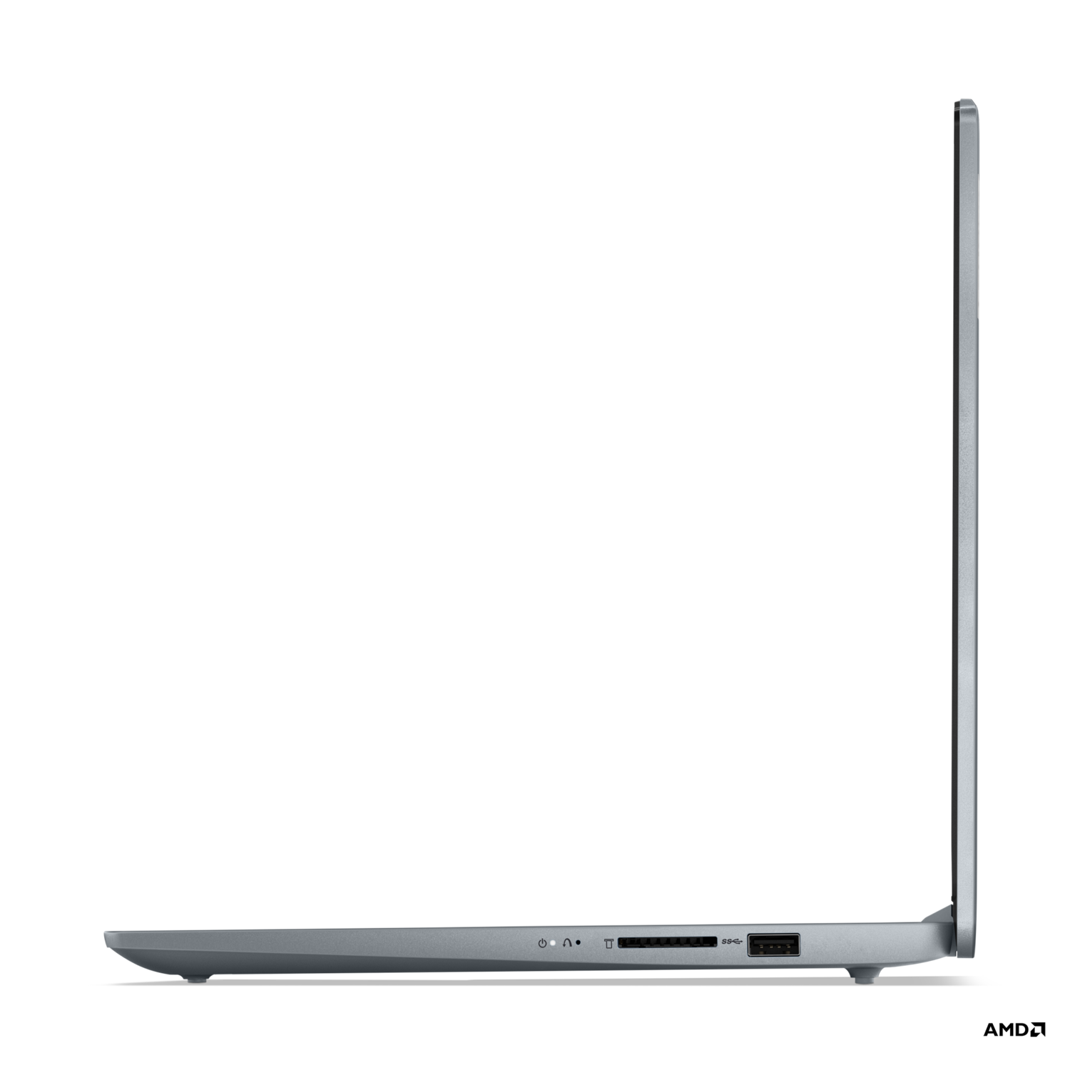 Zilveren laptop zijaanzicht, poorten zichtbaar, op zwarte achtergrond.