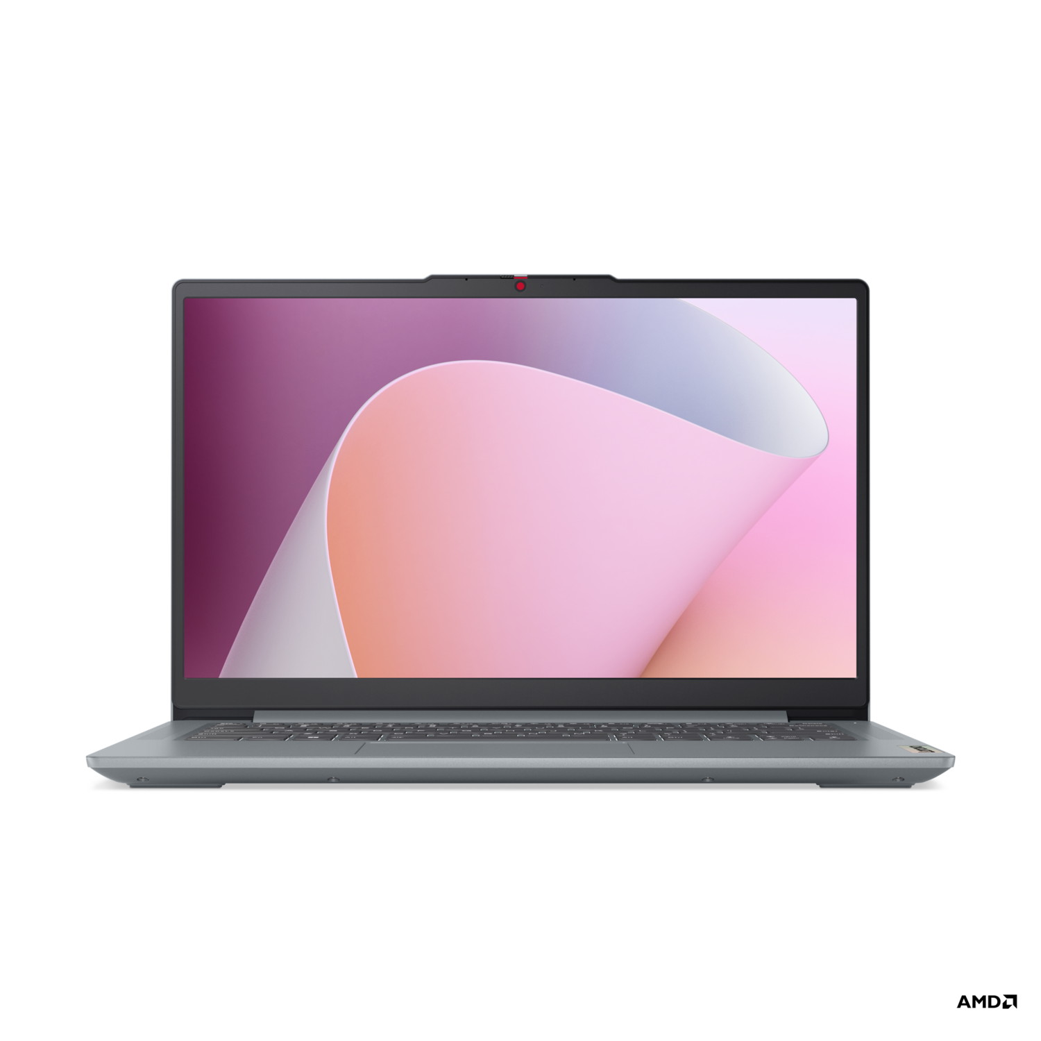 Open laptop met roze en paars scherm, op een zwarte achtergrond.