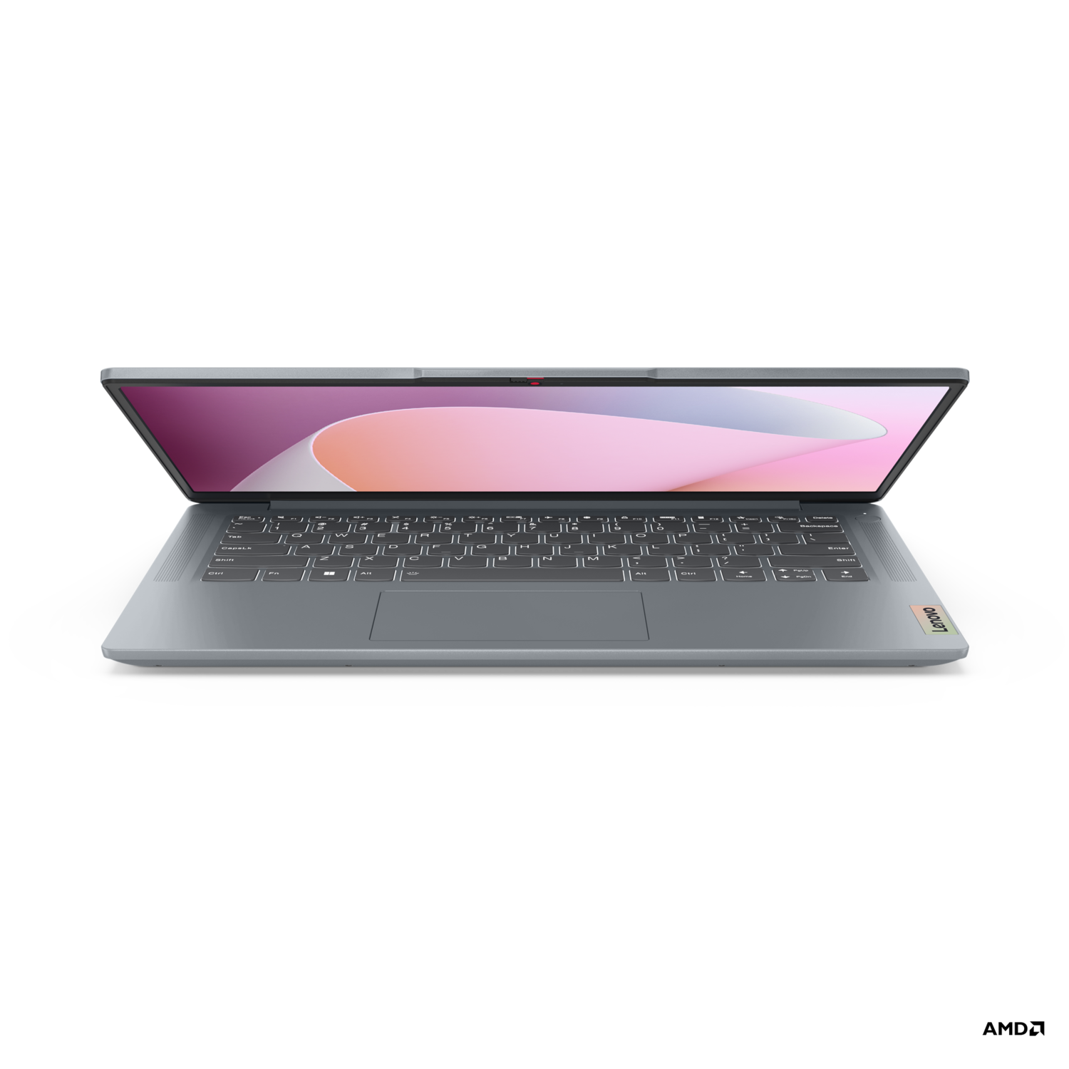 Open laptop met roze scherm en toetsenbord, op een zwarte achtergrond.