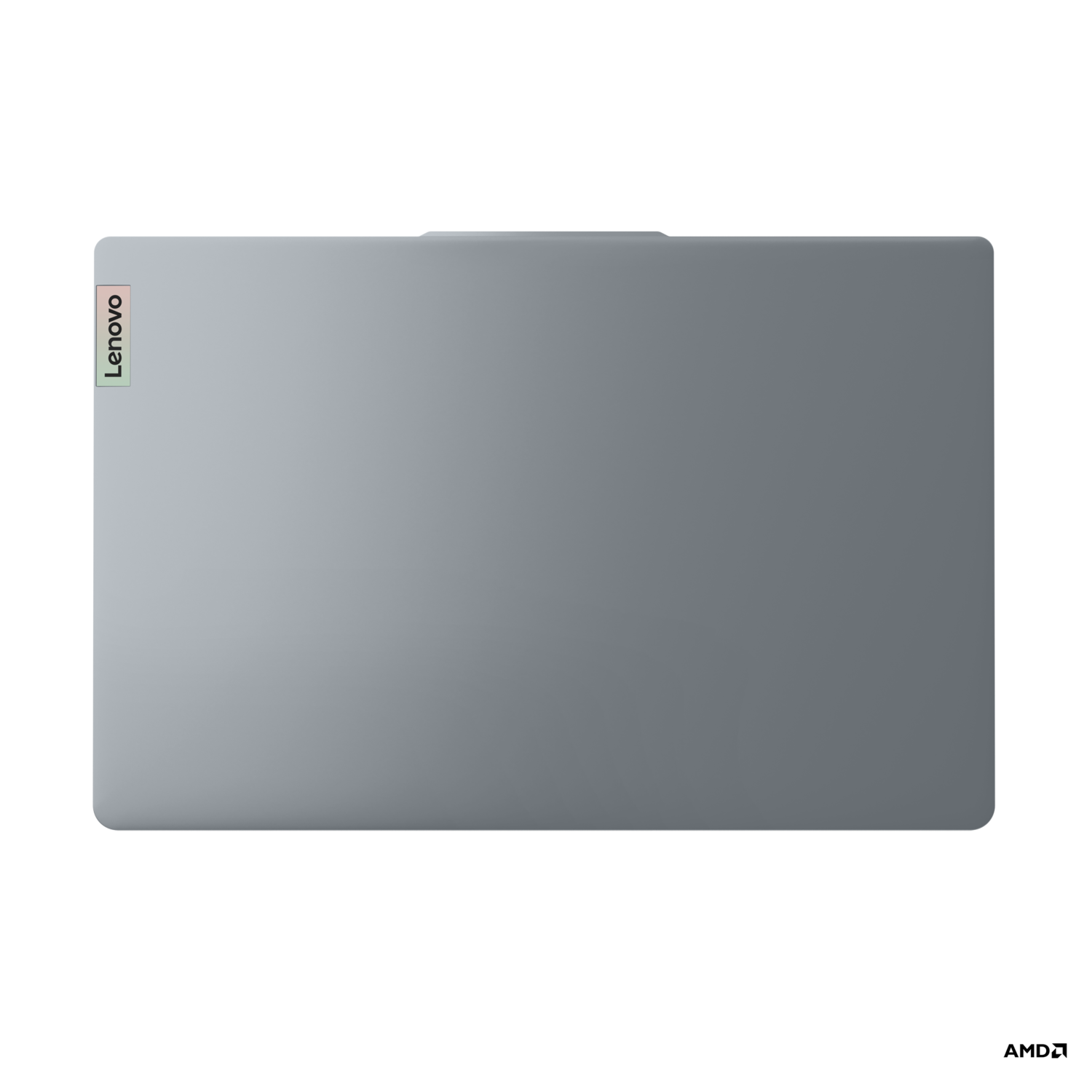 Gesloten zilveren laptop met Lenovo-logo, op een zwarte achtergrond.