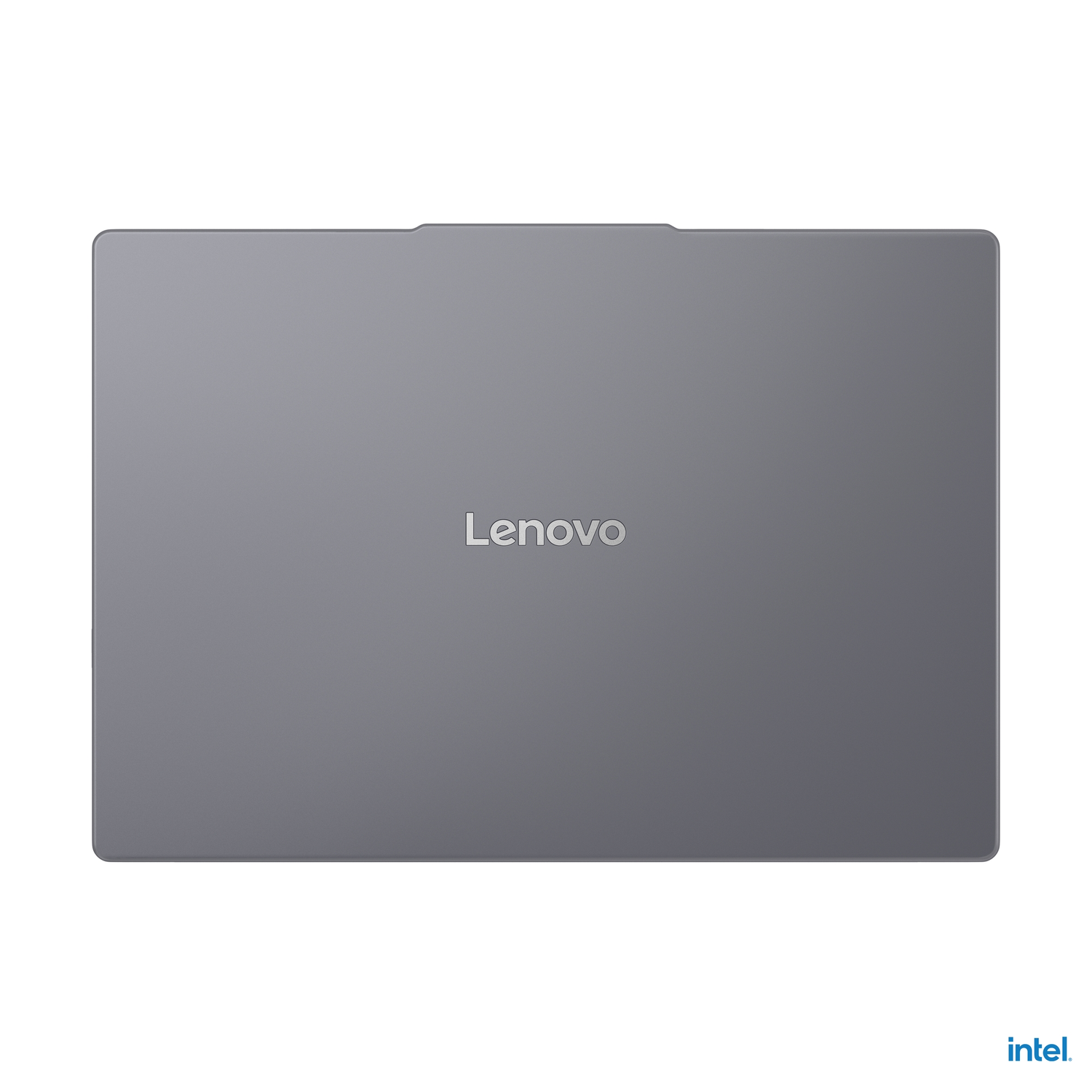 Gray laptop lid, top view. Lenovo logo in the center. White background.