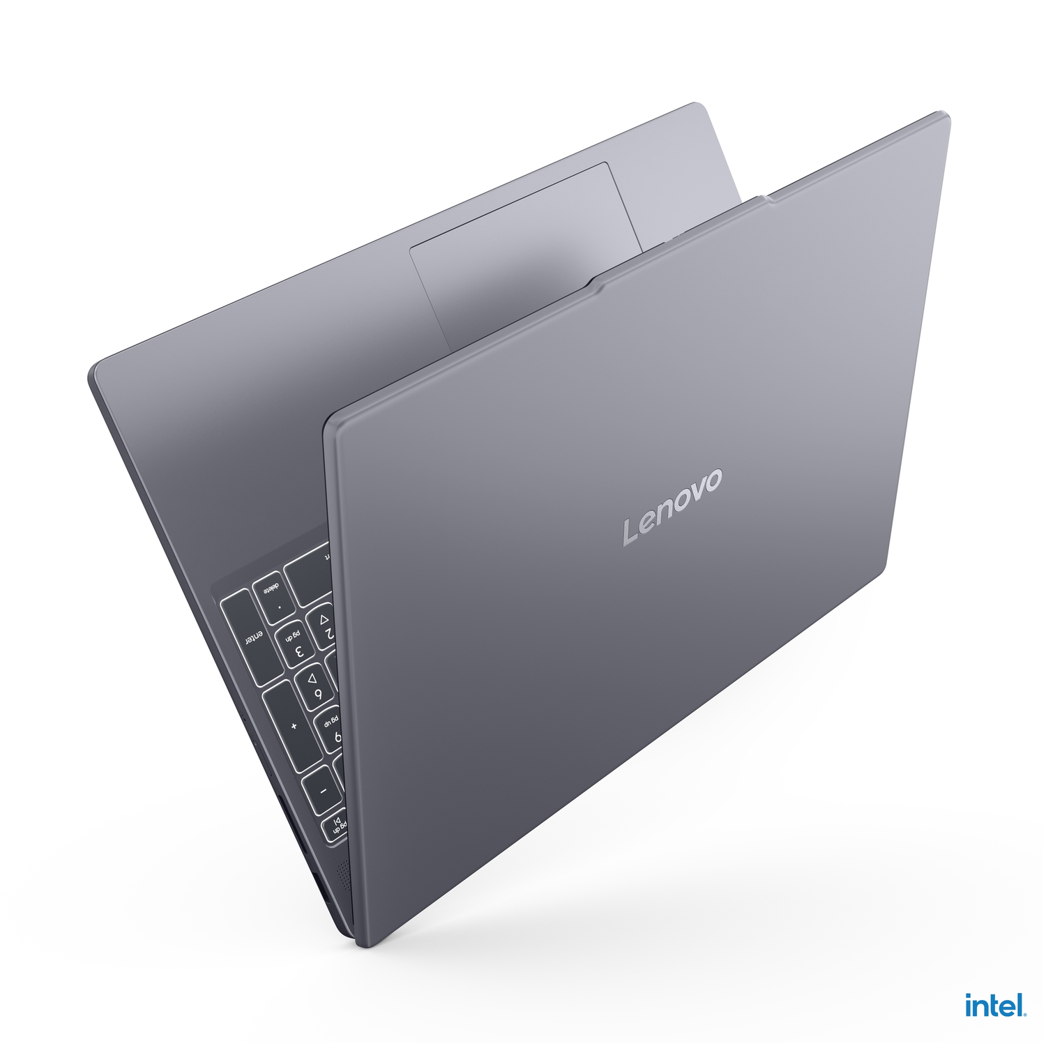 Gray laptop, angled view. Shows keyboard, touchpad, and the Lenovo logo on the lid.