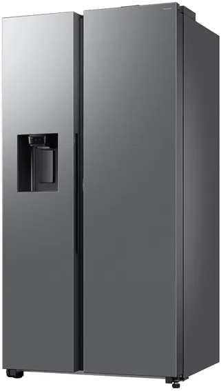 Frigorifero nero a doppia porta. Erogatore sulla porta sinistra. Design elegante e sfondo scuro.
