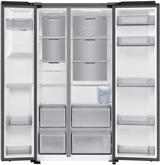 Réfrigérateur ouvert avec plusieurs étagères, tiroirs et compartiments pour le stockage des aliments ; intérieur gris.