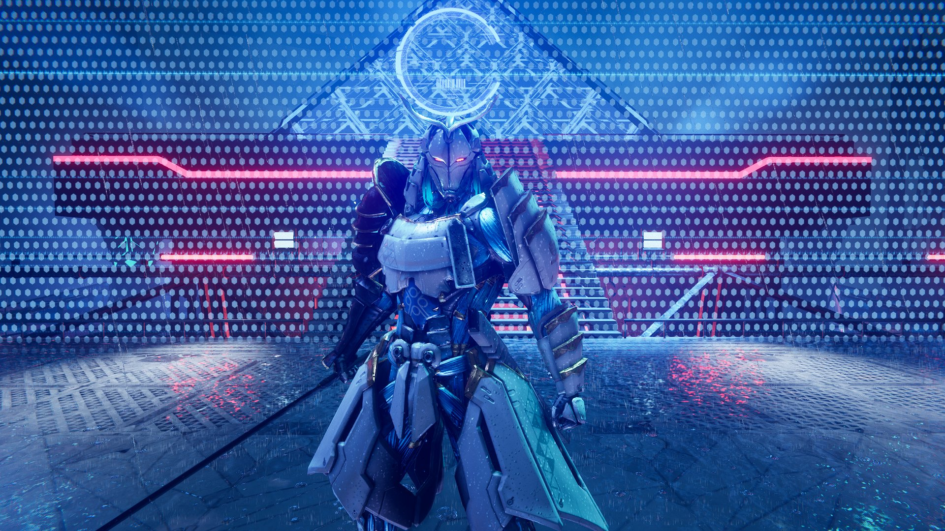 Una figura futurista blindada se encuentra en un entorno iluminado en azul. Resaltes rojos en el fondo.