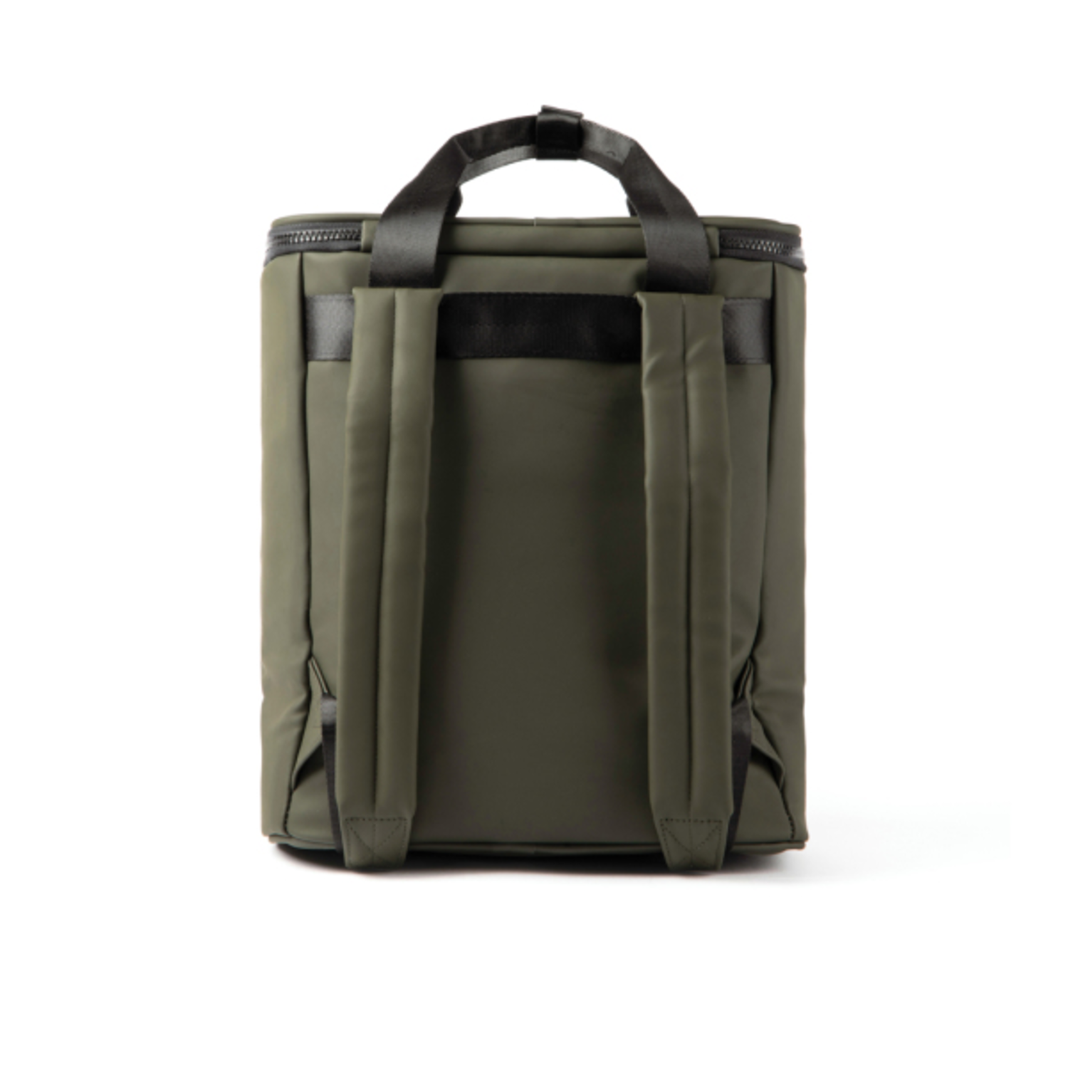 Green backpack from back, with black straps and handle.