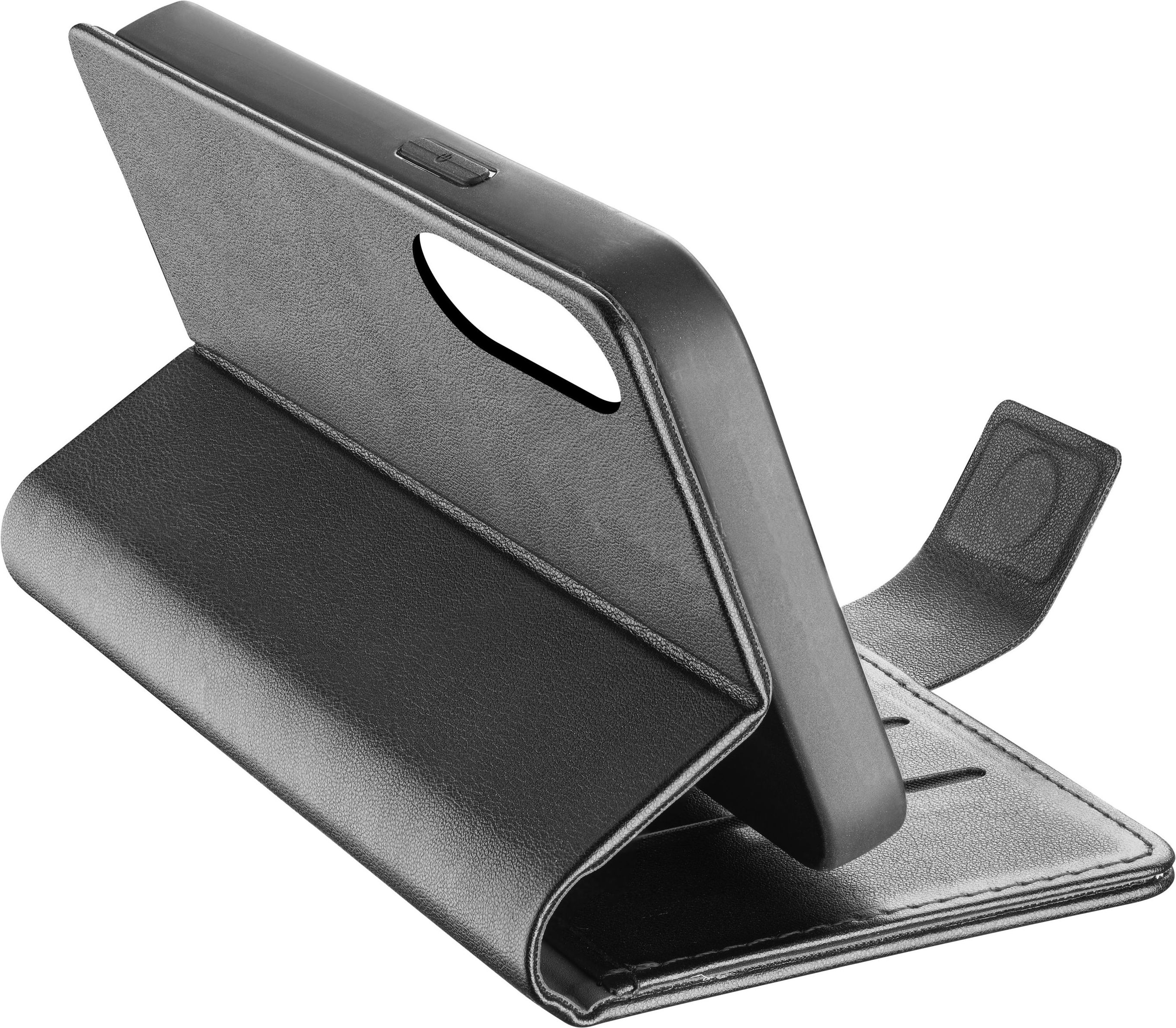 Étui de téléphone noir ouvert, montrant l'intérieur. Fond noir.