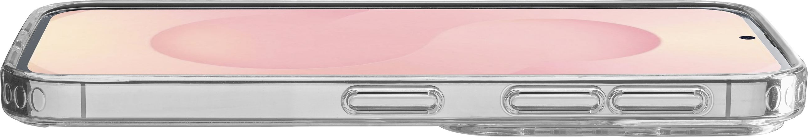 Téléphone dans une coque transparente, écran rose. Fond noir.