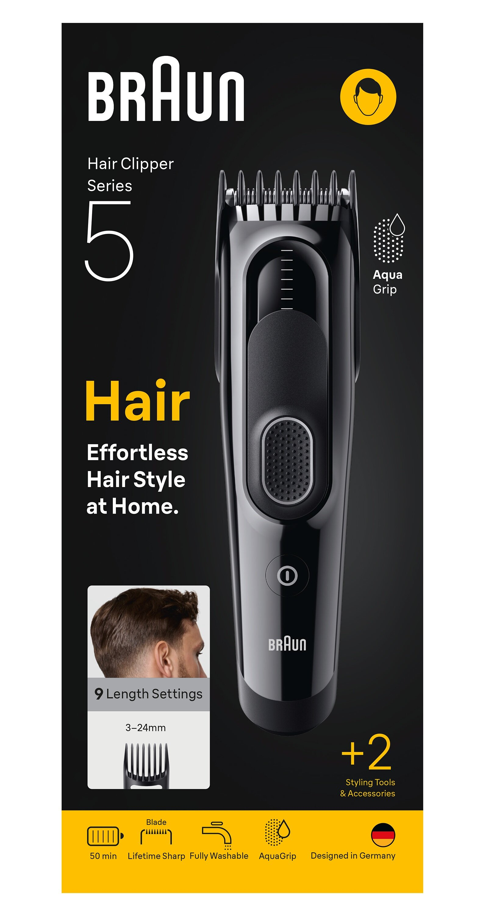 Pudełko maszynki do włosów Braun Series 5. Pudełko pokazuje produkt i funkcje, takie jak 9 ustawień długości, w pełni zmywalny itp.