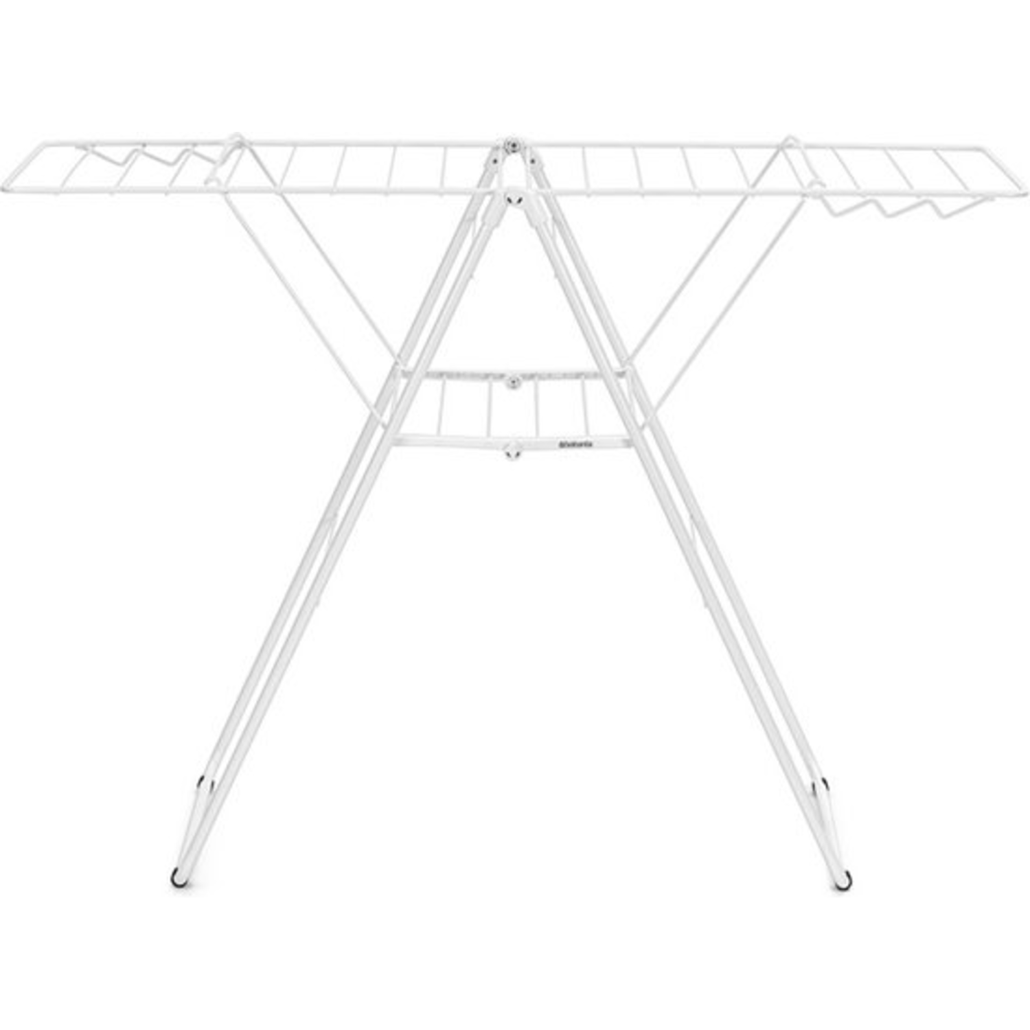 A white, foldable drying rack stands empty against a white background.