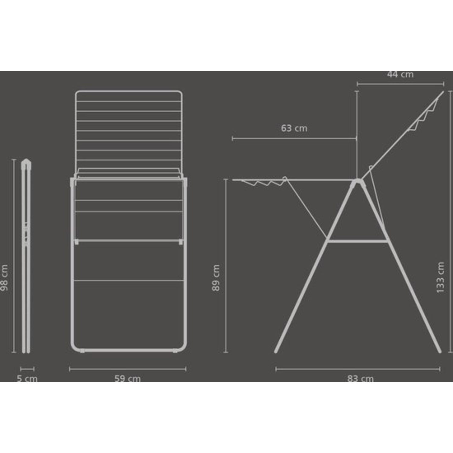 Diagram showing dimensions of the white drying rack: height, width, and depth.