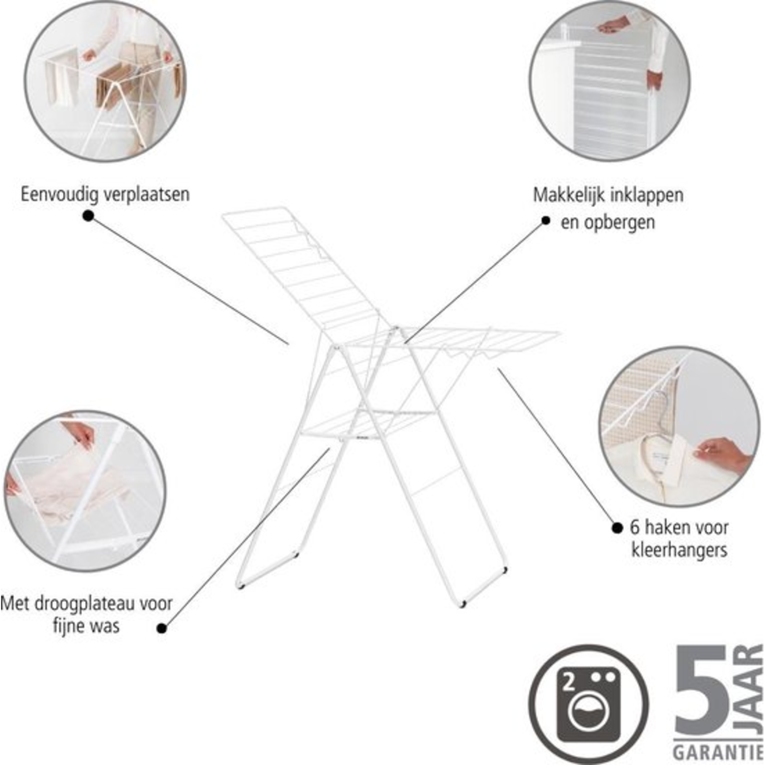 Diagram showing features of the drying rack, including hooks and folding.