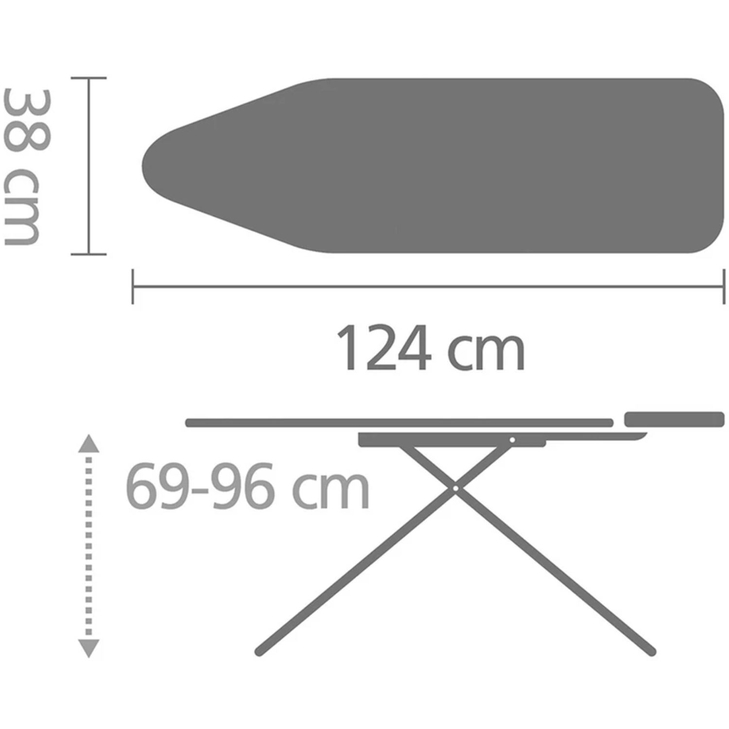 Diagramme d'une planche à repasser montrant les dimensions: 124 cm de long, 38 cm de large.