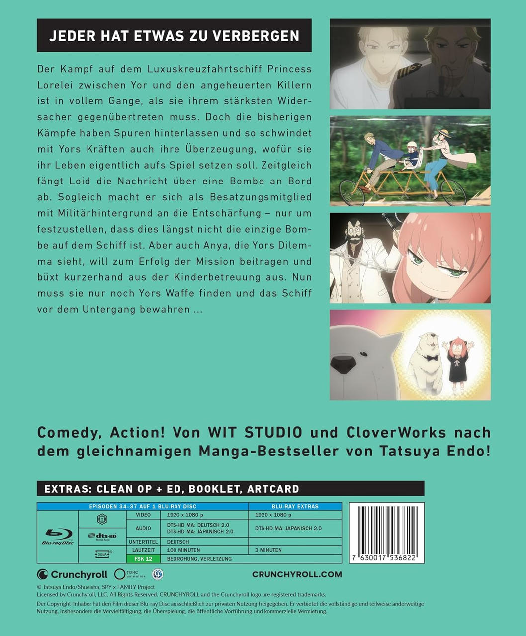 Rückseite einer Blu-ray mit Text und Bildern von Spy x Family. Enthält eine Zusammenfassung und Credits.