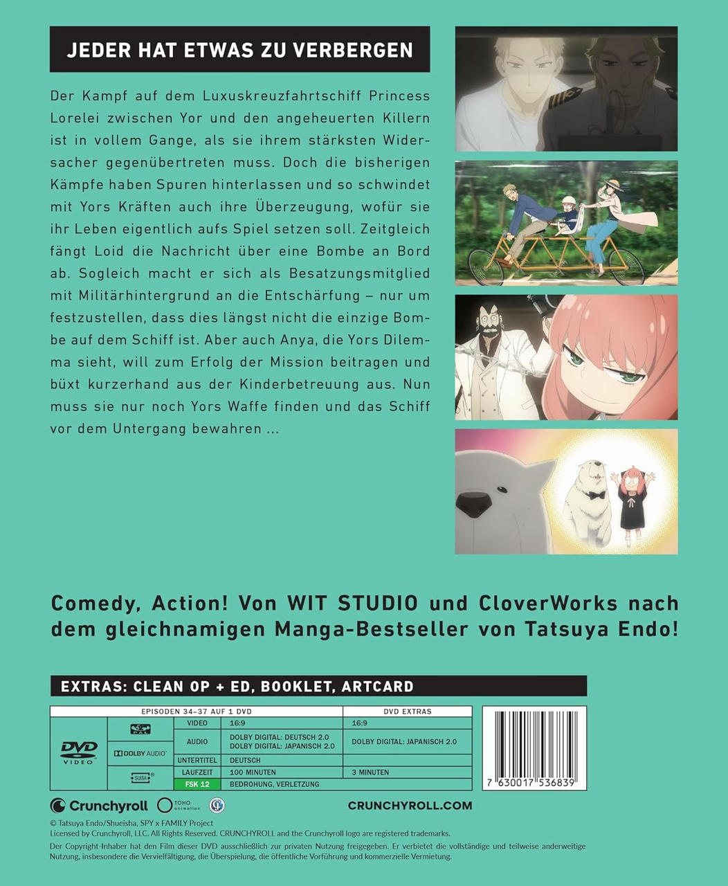 Rückseite einer Blu-ray mit Text und Bildern von Spy x Family. Enthält eine Zusammenfassung und Credits.