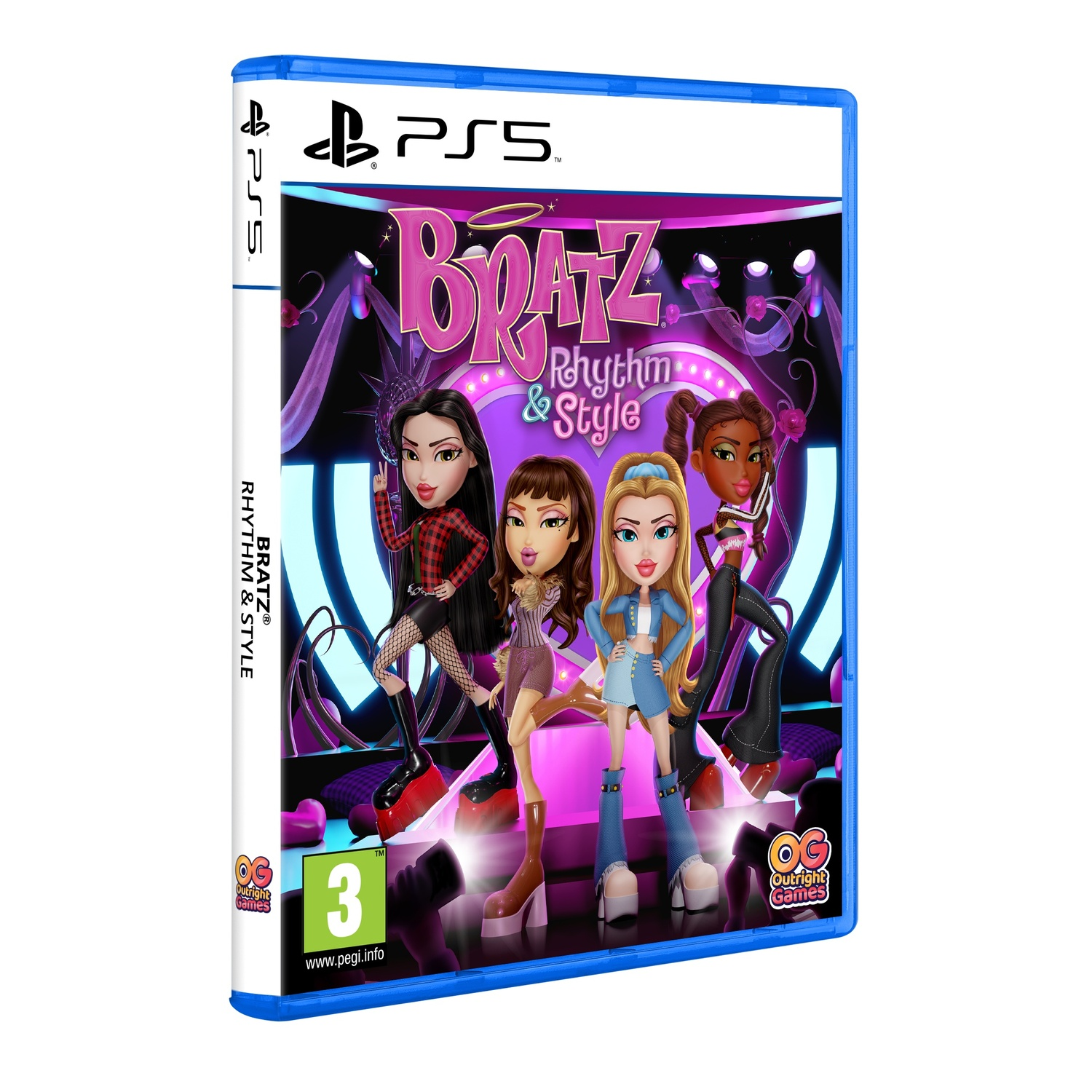 Boîte de jeu Bratz Rhythm & Style, vue en angle. Quatre filles Bratz sont sur la couverture. Logo PS5 visible.
