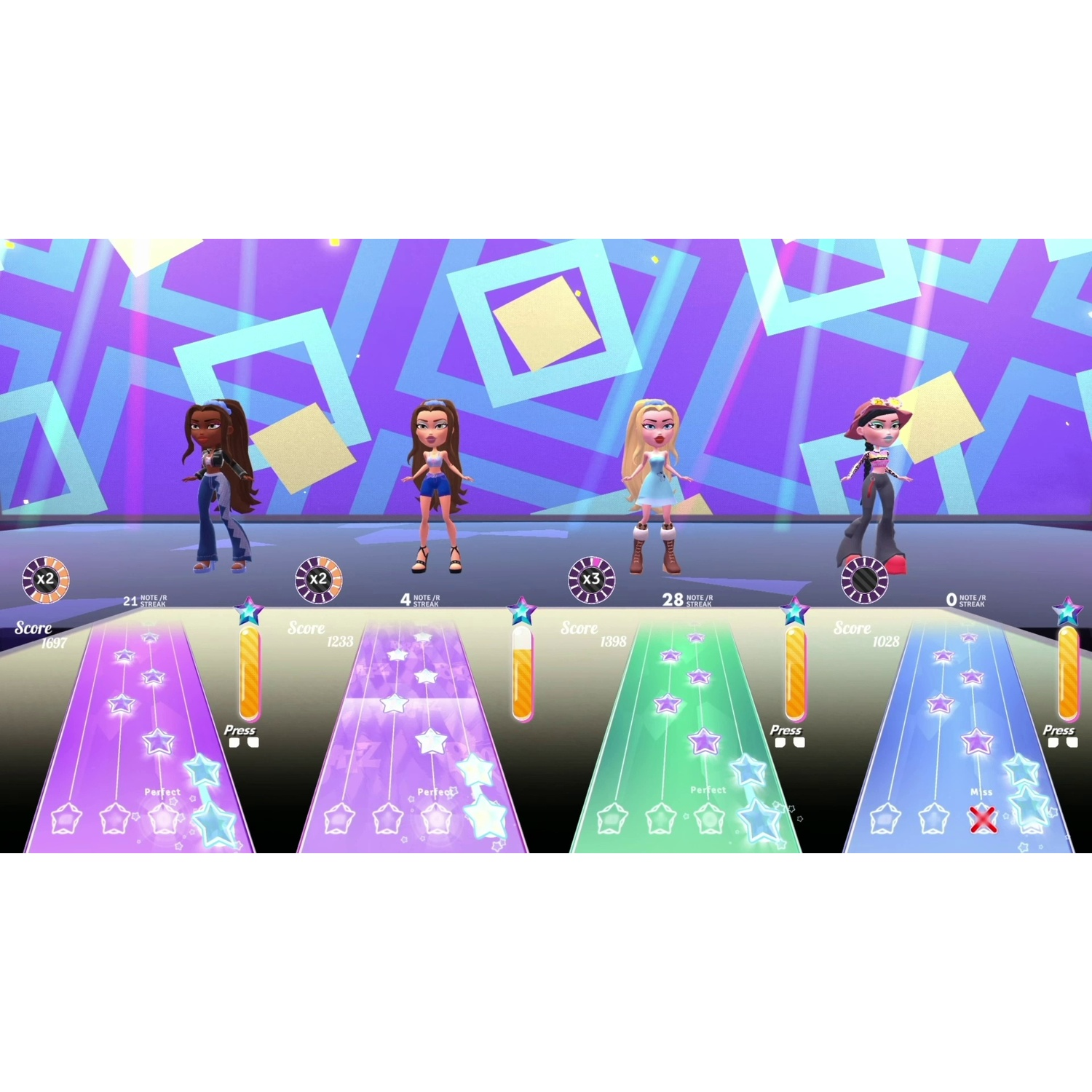 Quatre personnages Bratz dans un jeu de rythme. Les notes descendent les couloirs, avec des éléments de score en bas.