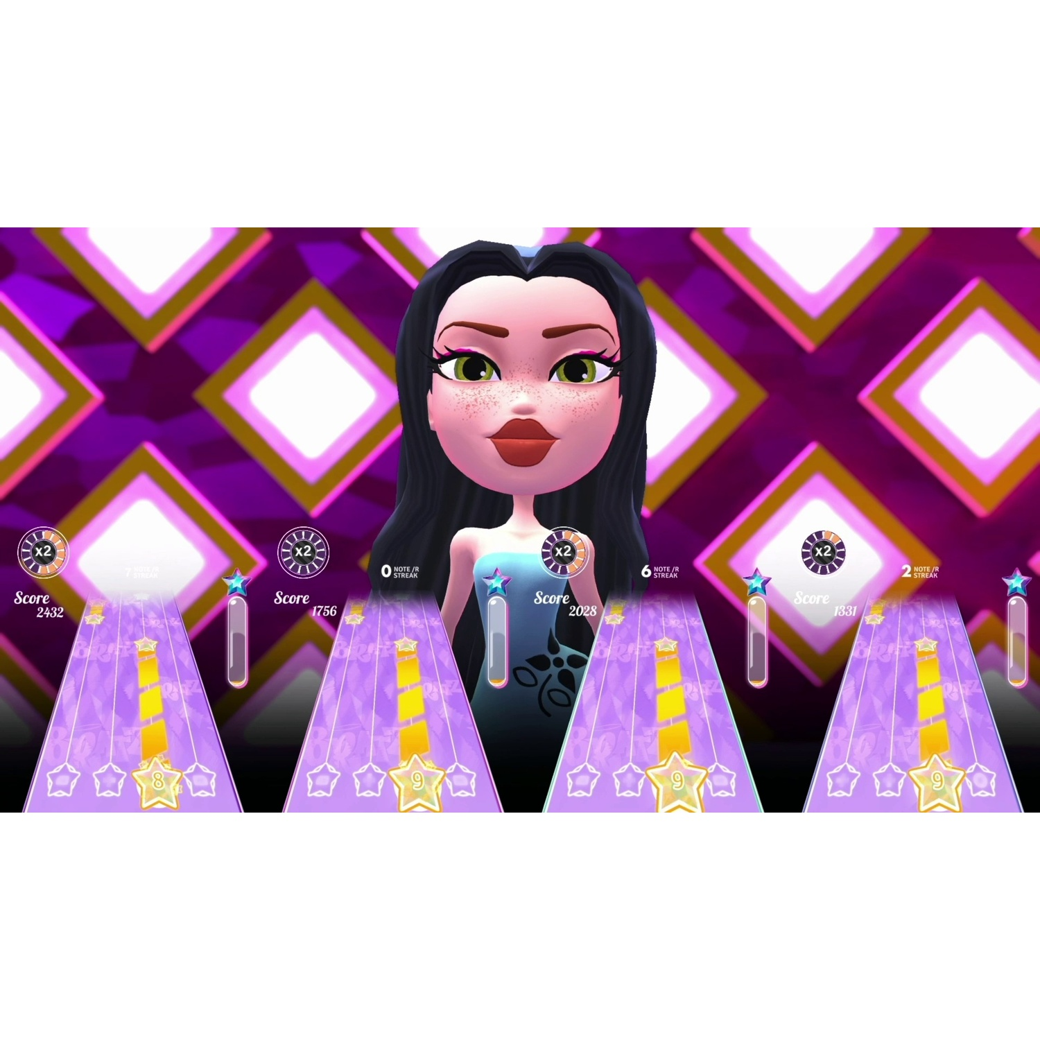 Un personnage Bratz dans un jeu de rythme. Le score et les indicateurs de notes sont affichés en bas.