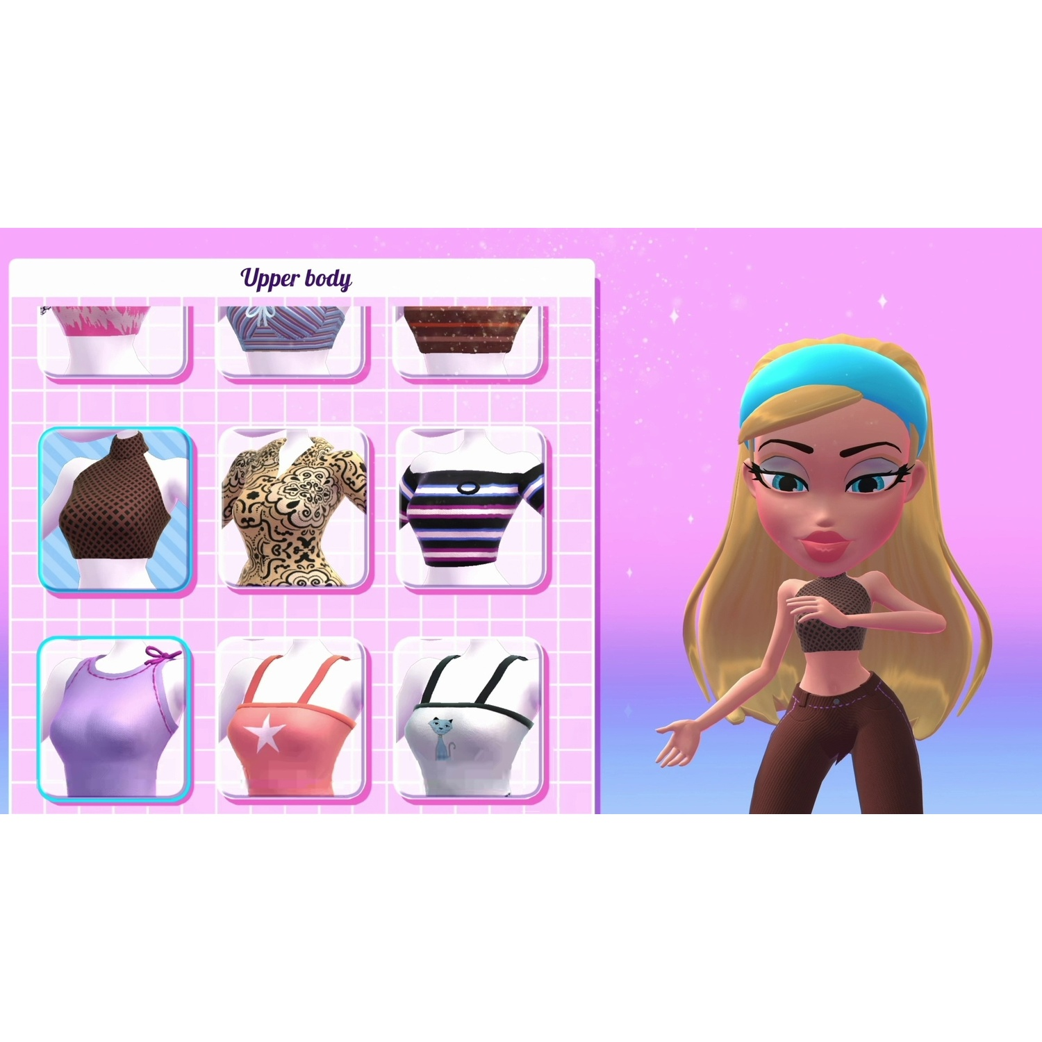 Personnage Bratz avec options vestimentaires. L'interface affiche les choix de vêtements pour le haut du corps.