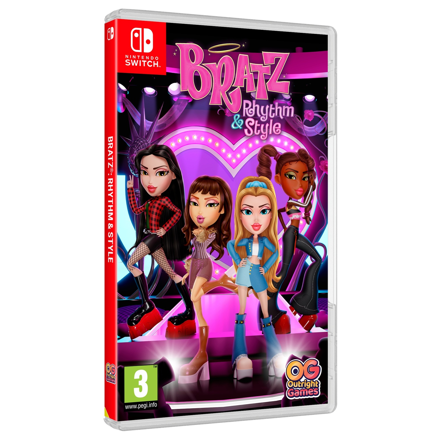 Gamecover met vier stripmeisjes op een roze podium met een gamelogo. Nintendo Switch logo.