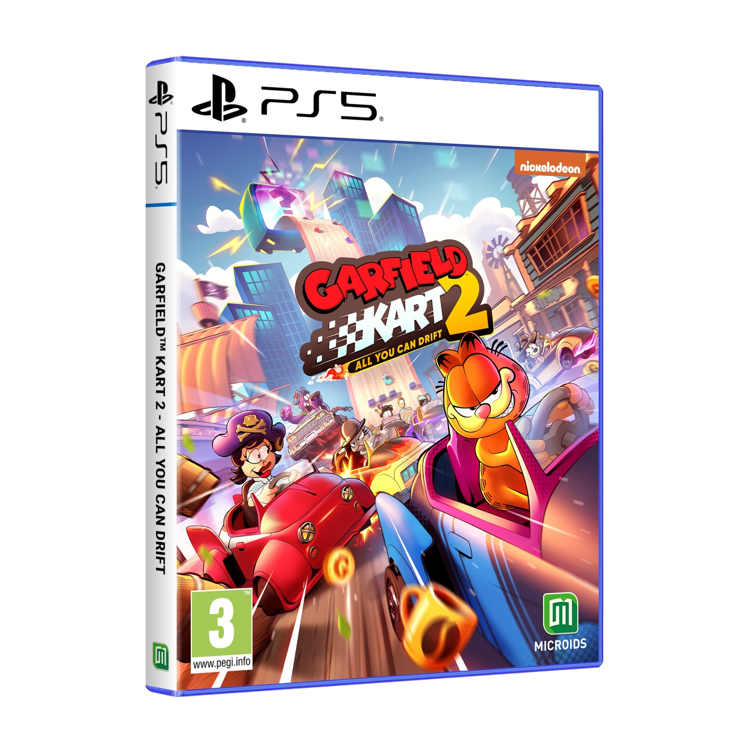Jaquette de jeu PS5, Garfield Kart 2, avec Garfield et ses amis en course. Le logo Nickelodeon est visible.