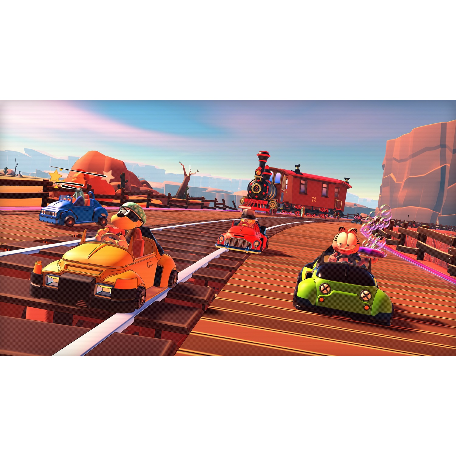 Des pilotes de karting de dessins animés font la course sur une piste près d'un train et d'une scène western.