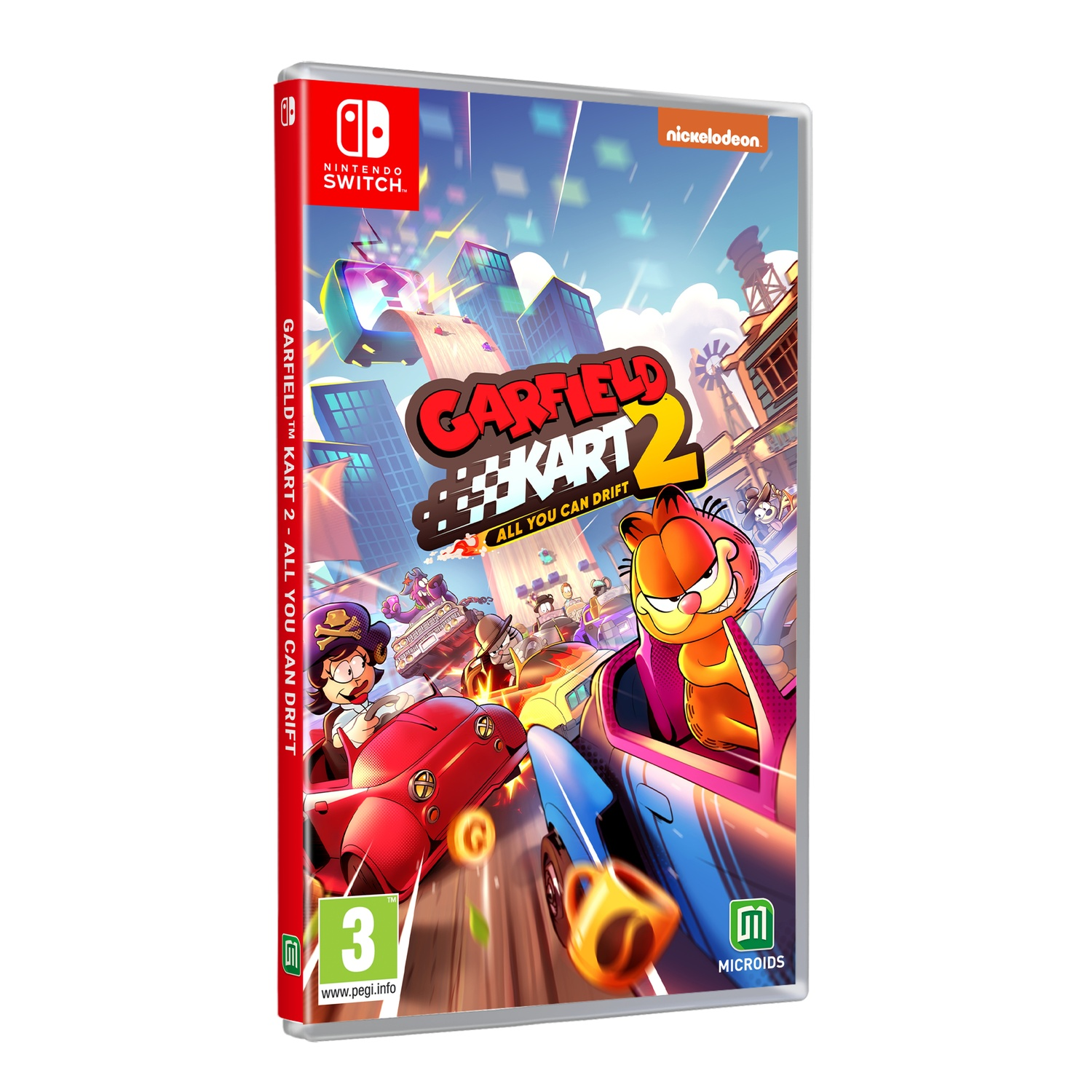 Garfield Kart 2 game cover voor Nintendo Switch. Bevat personages die racen in karts.