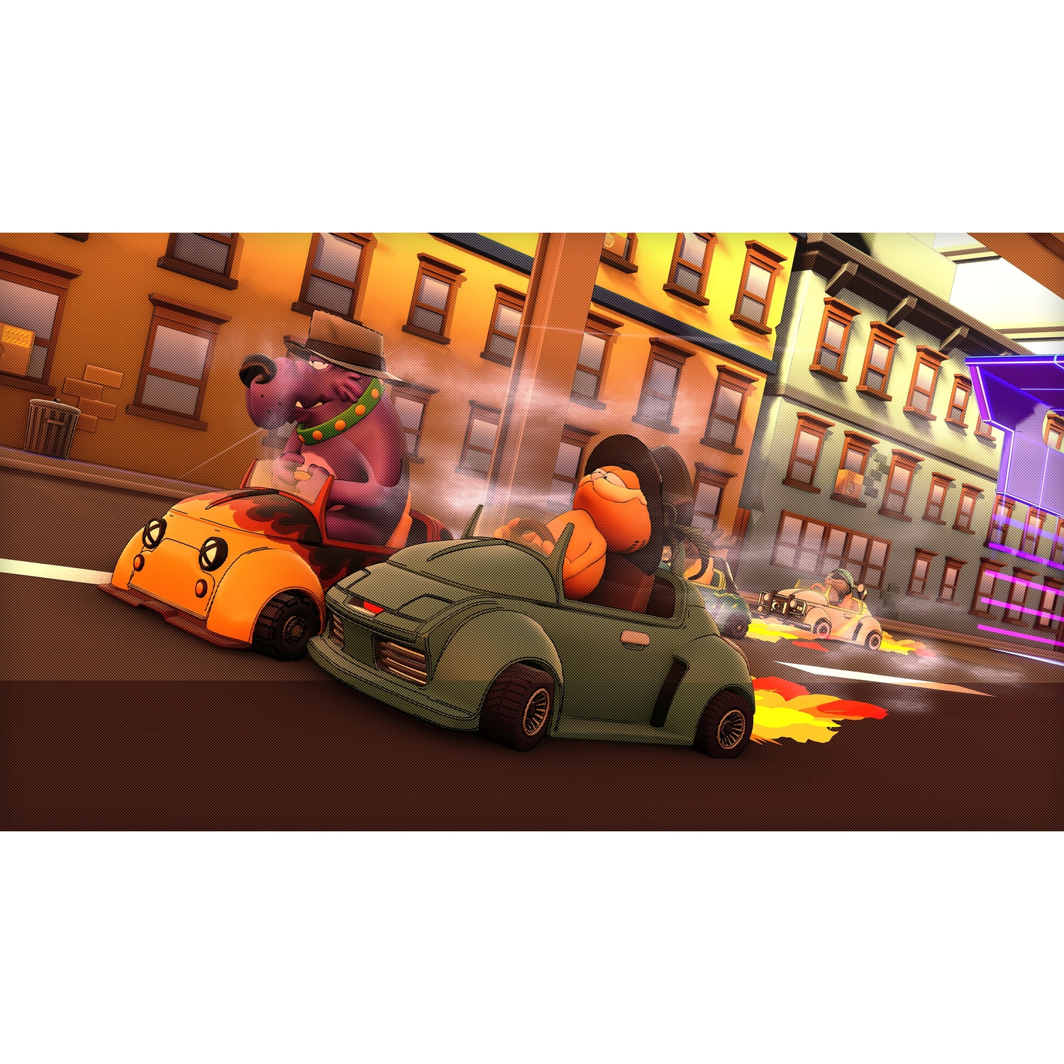 Garfield en andere stripfiguren racen met karts op een stadsstraat. Auto's hebben vlammen.