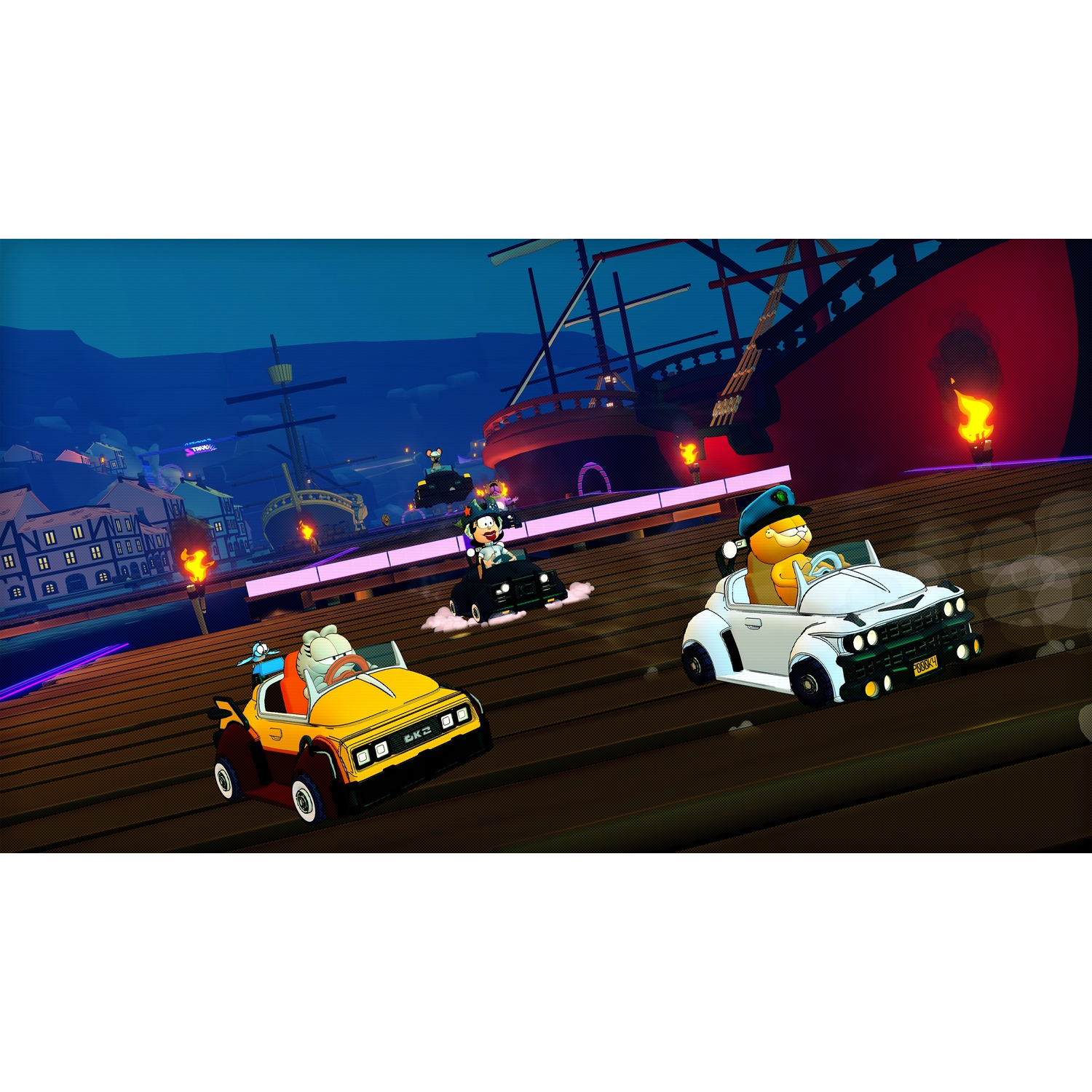 Kartracers 's nachts in de buurt van een haven. Garfield en andere personages racen in cartoon karts.