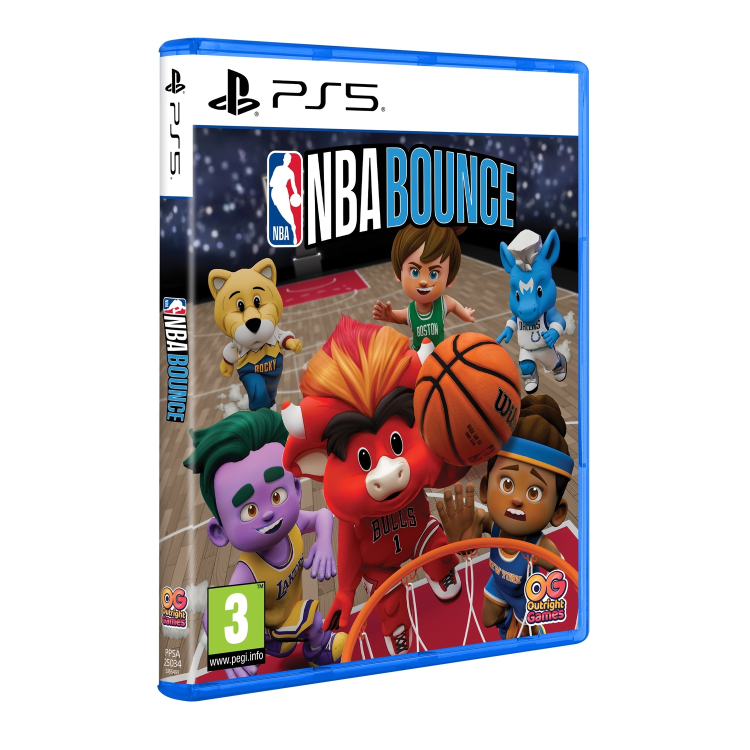 NBA Bounce game box art voor de PS5. Bevat basketbalmascottes en een bal.