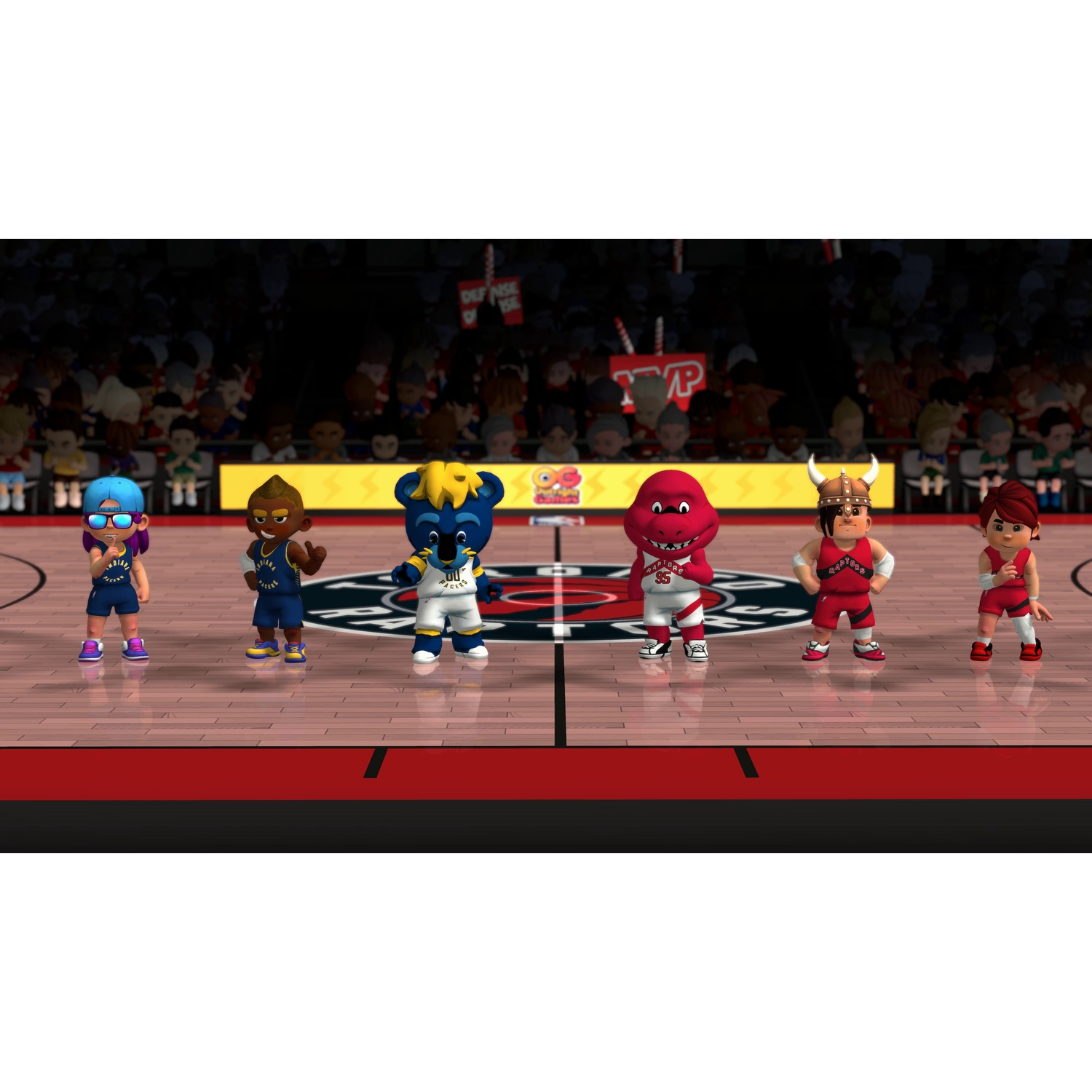 Zes NBA mascottes met verschillende teamuniformen staan op een basketbalveld.