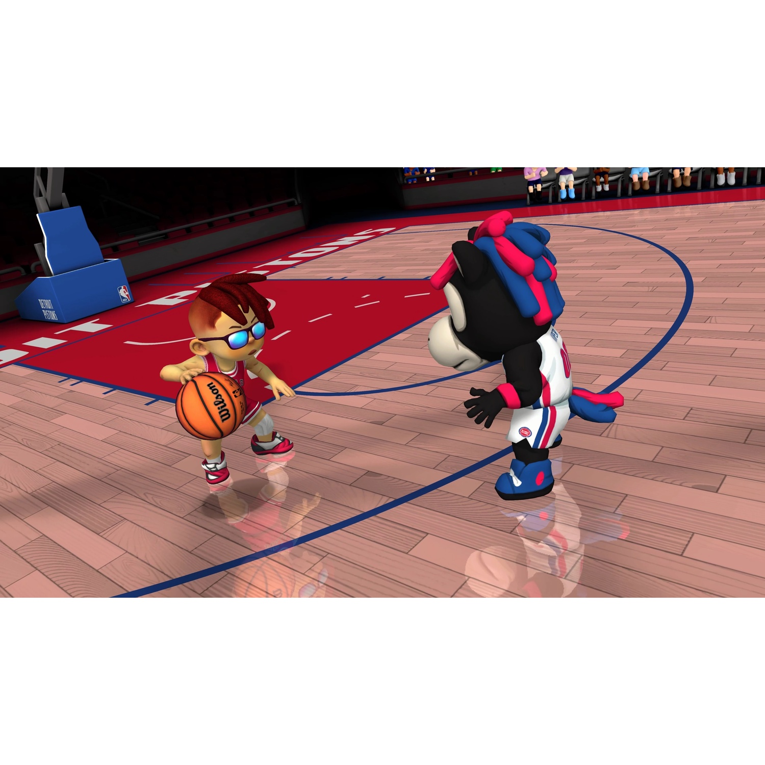 Twee cartoon basketballers op een veld. Eén houdt een bal vast.
