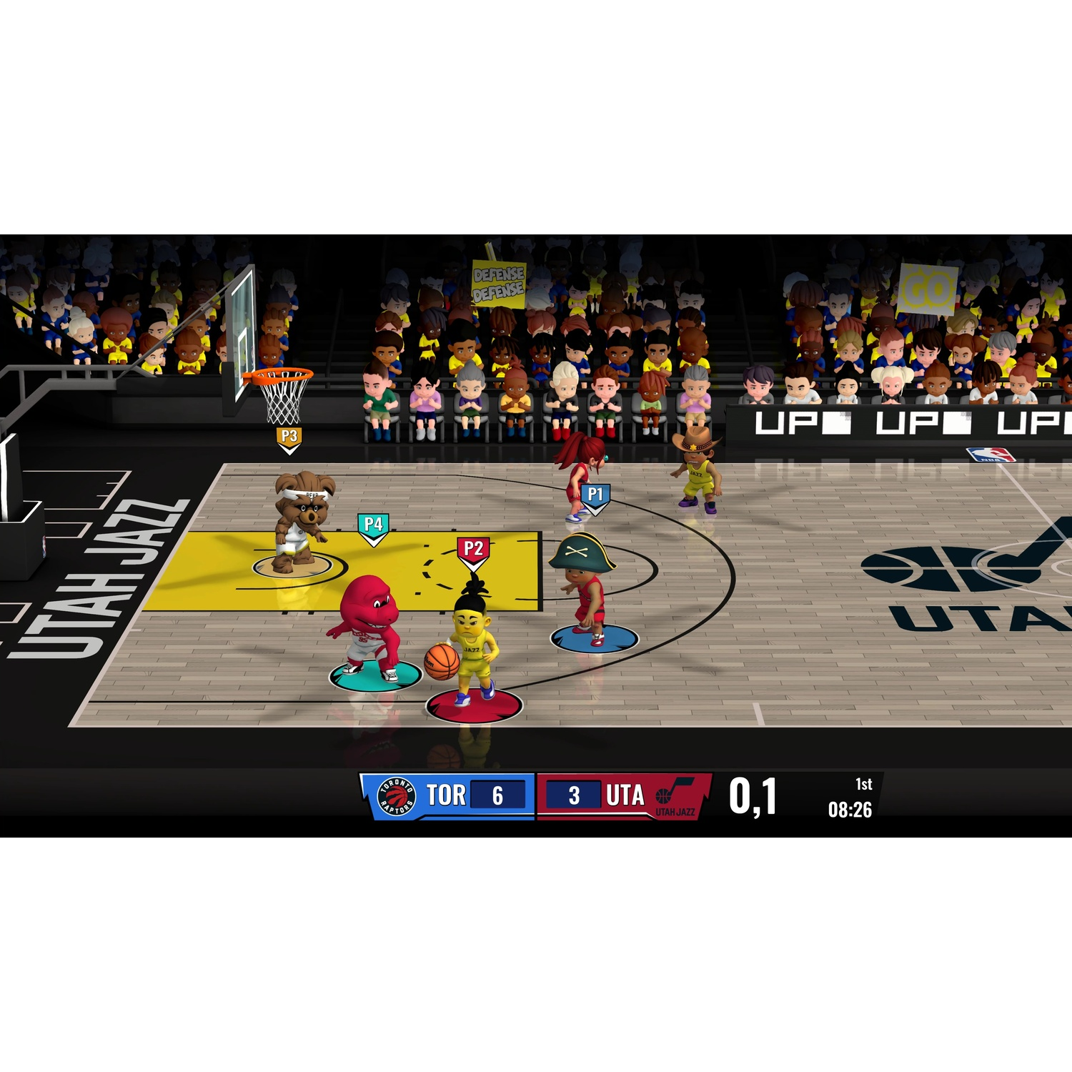 Basketbalwedstrijd bezig. Spelers op het veld, scorebord toont score en tijd.