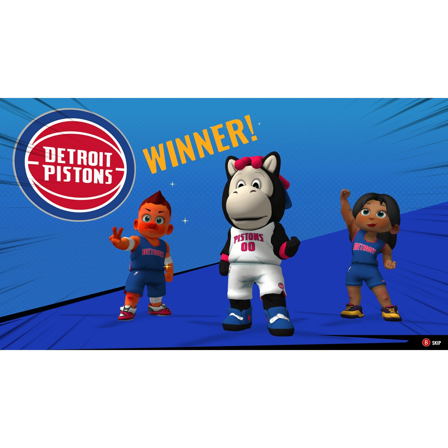 Drie cartoonfiguren vieren. Detroit Pistons logo en Winner! tekst zijn zichtbaar.