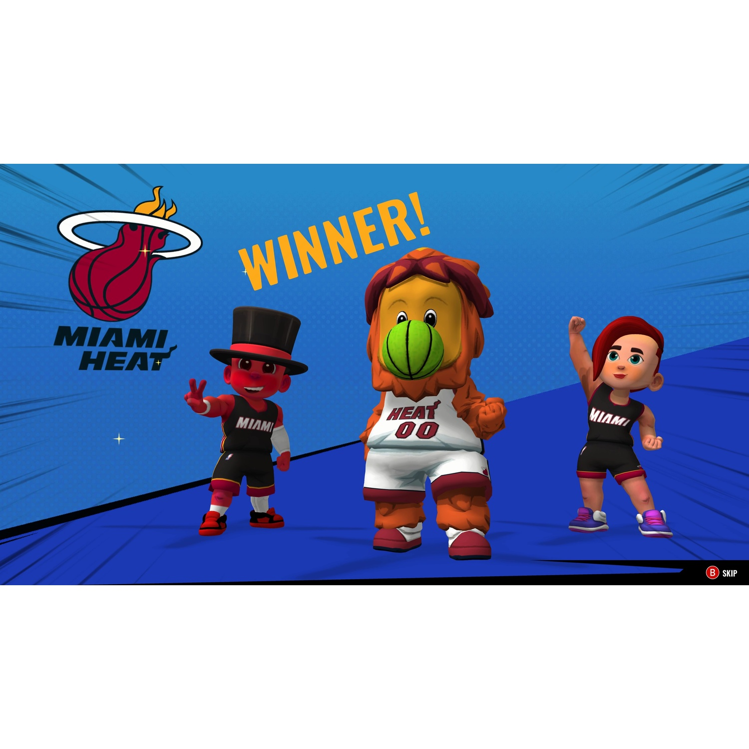 Drie cartoonfiguren vieren. Miami Heat logo en Winner! tekst worden weergegeven.