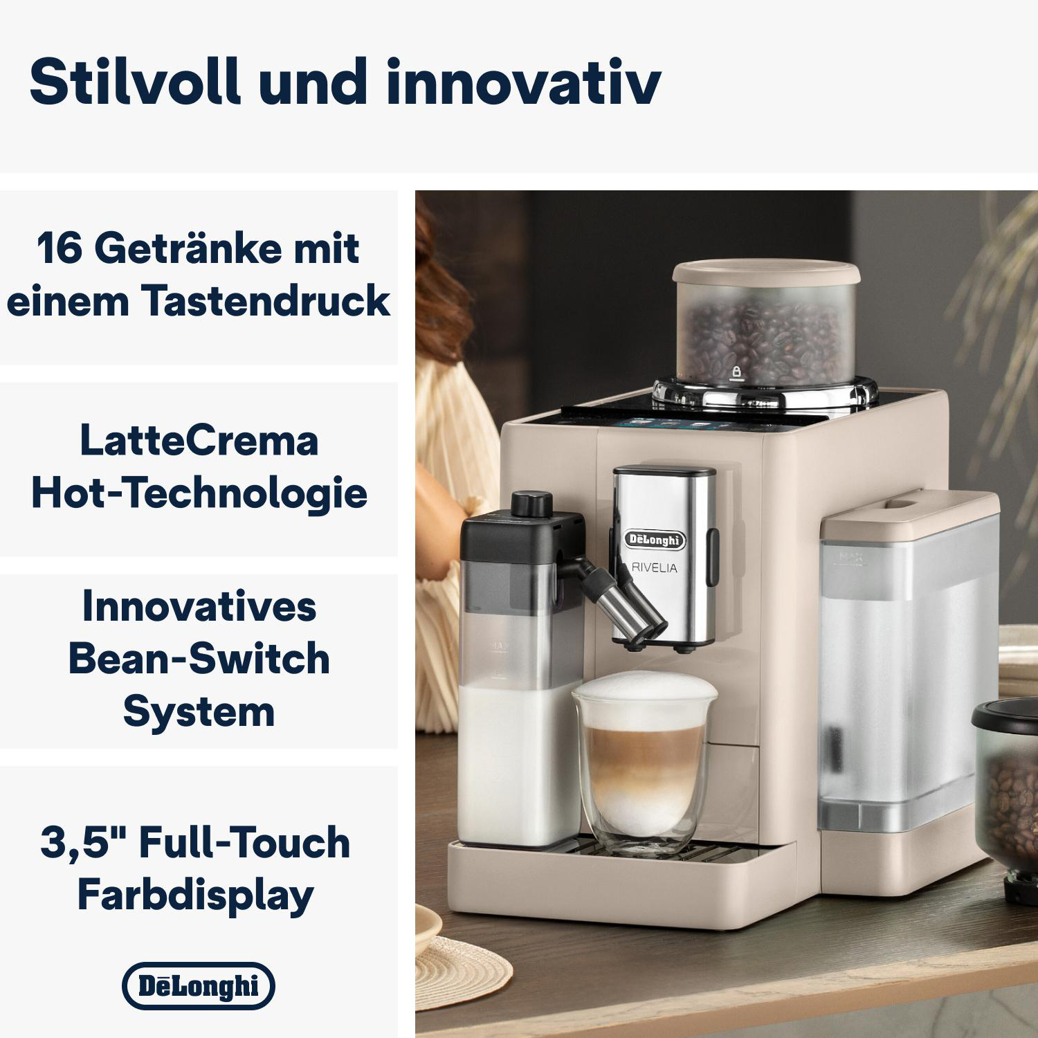 Kaffeemaschine mit Milchbehälter, Bohnenbehälter und einer Tasse Kaffee.