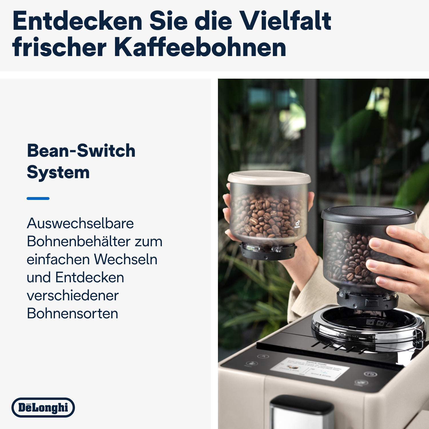 Eine Person hält Bohnenbehälter und zeigt das Bean-Switch-System.