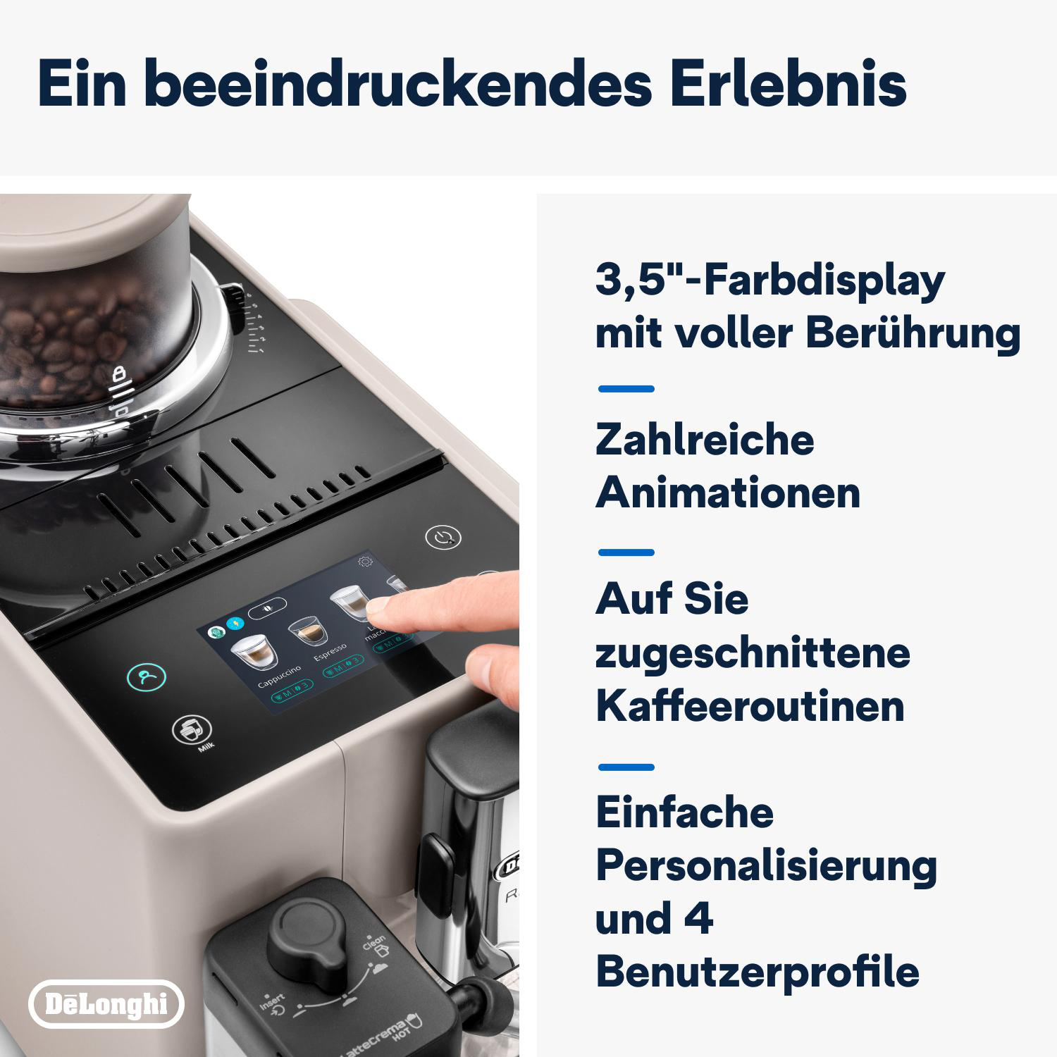 Nahaufnahme eines Kaffeemaschinenbildschirms mit Touch-Oberfläche und Optionen.