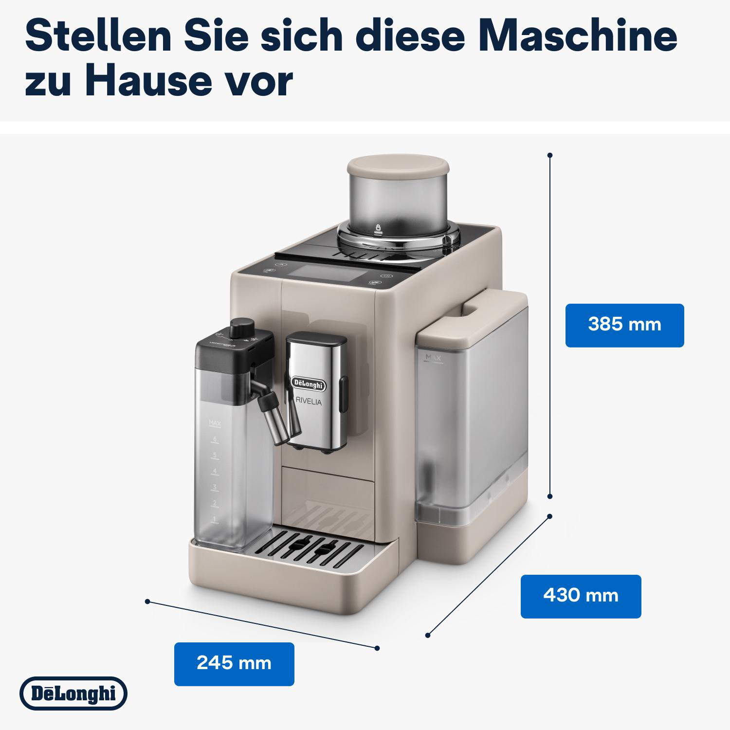 Kaffeemaschine mit Abmessungen: 245mm Breite, 430mm Länge, 385mm Höhe.