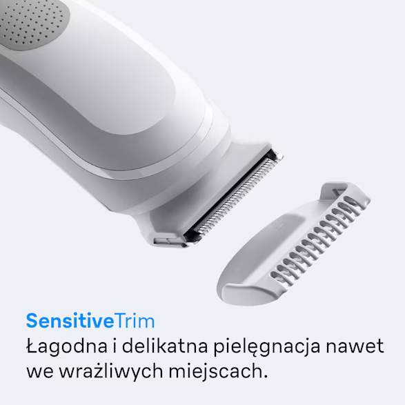 Zbliżenie białej trymer do ciała z odłączoną wrażliwą głowicą. Widoczny tekst 'Sensitive Trim'.