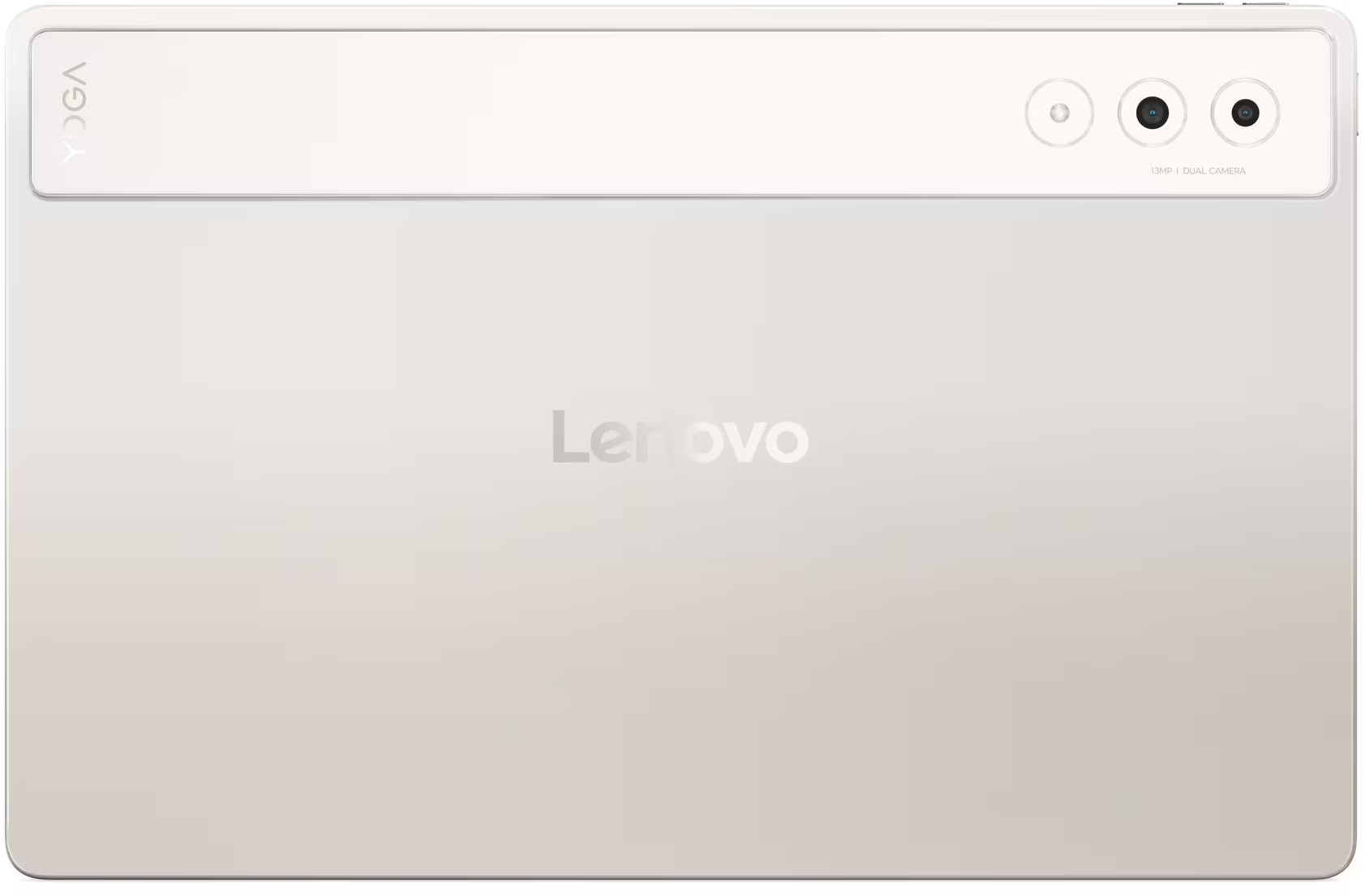 Bézs tablet hátulja dupla kamerával és Lenovo logóval.
