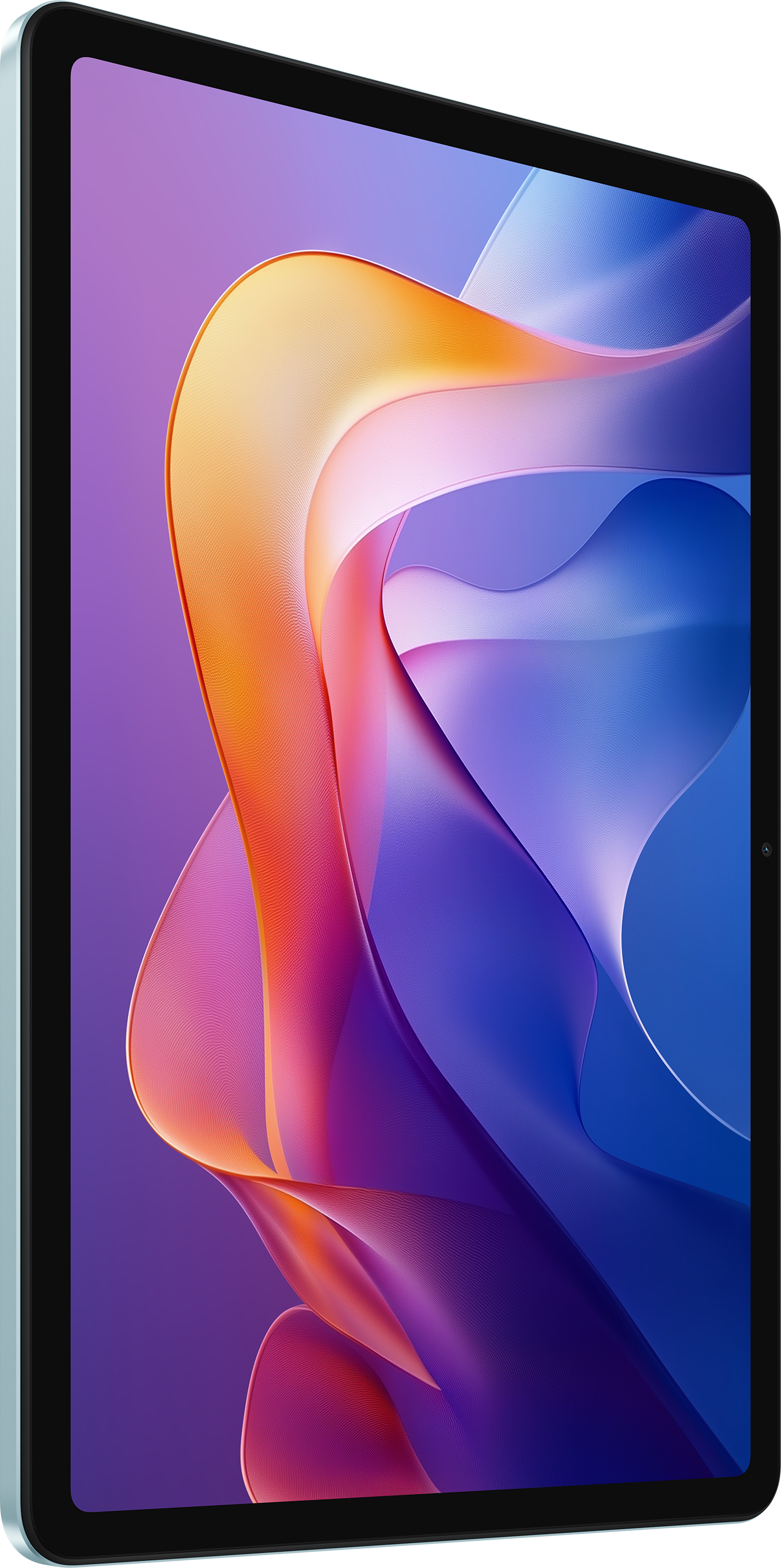 Egy tablet egy absztrakt, színes képet mutat, narancs, lila és kék árnyalatokkal, szögből, világos háttéren.