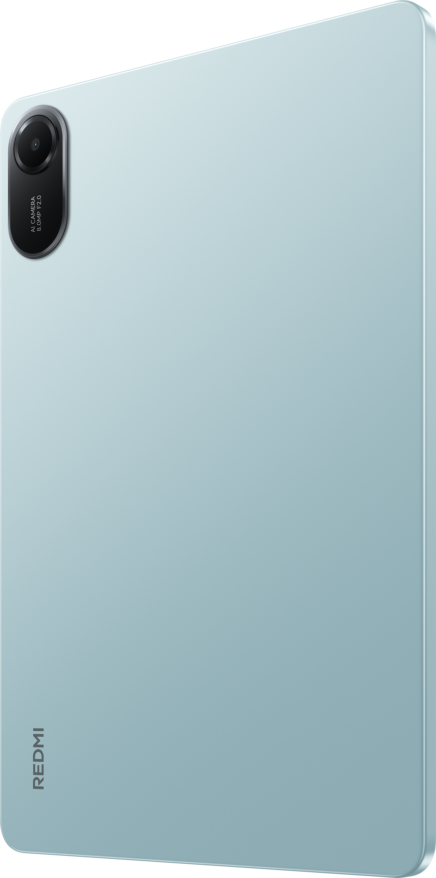 Tablet hátlapja kamerával és a "REDMI" szóval alul, szögből, világoskék színben, fekete háttérrel.