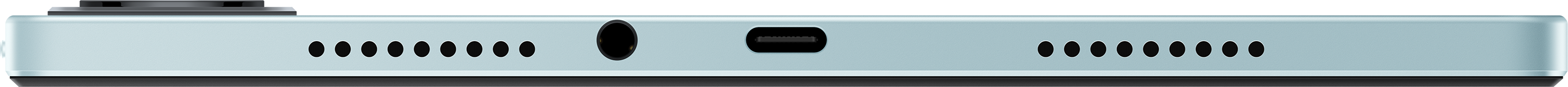 Egy világoskék tablet alsó szélének közeli képe, hangszórólyukakkal, jack-csatlakozóval és USB-C porttal.