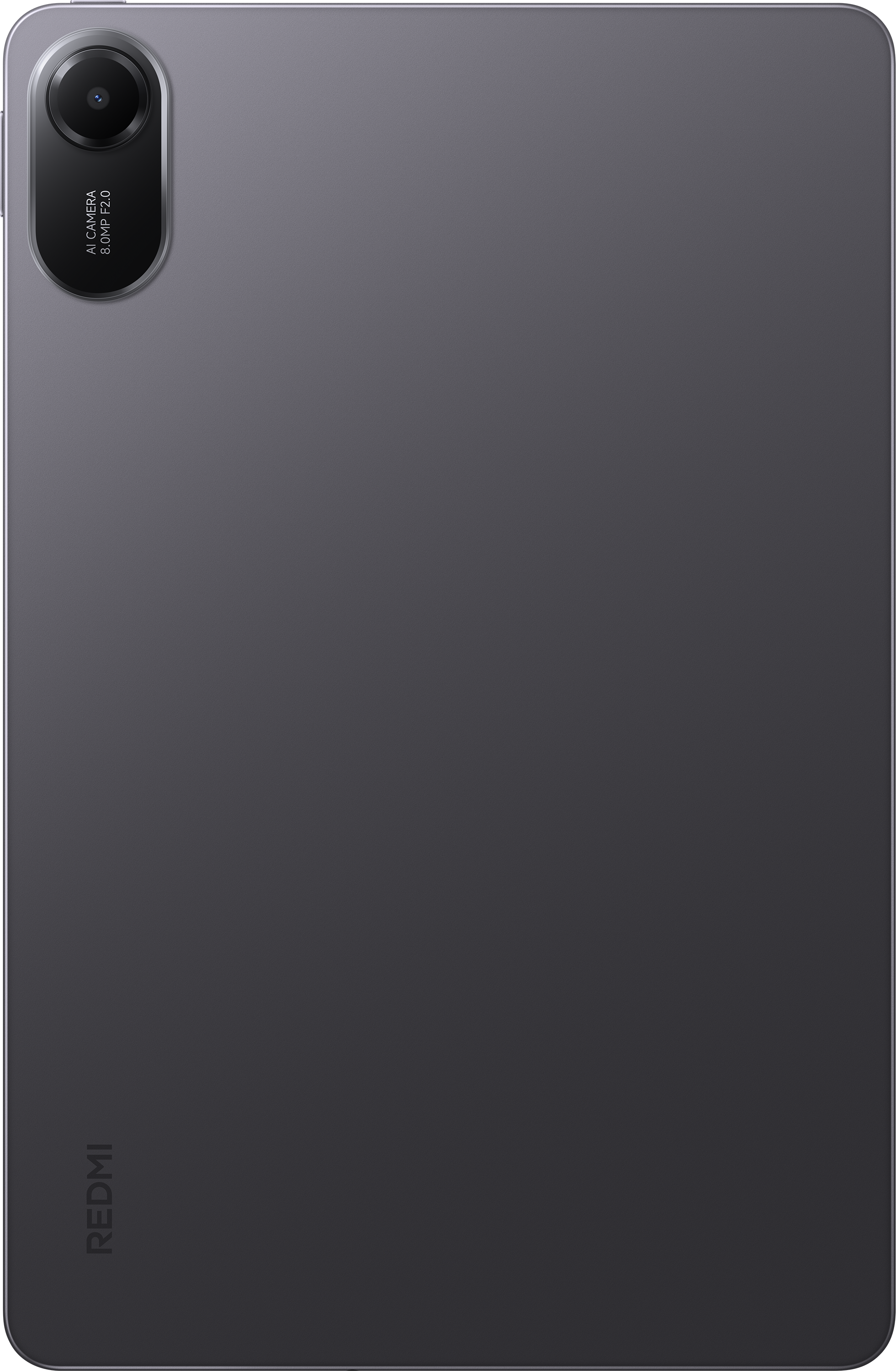Sötétszürke tablet hátulról, kamerával és Redmi logóval.