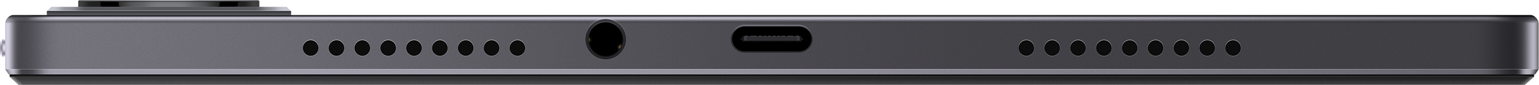 Közelkép a tablet aljáról. Hangszórókat, egy USB-C portot és egy fejhallgató-csatlakozót mutat.