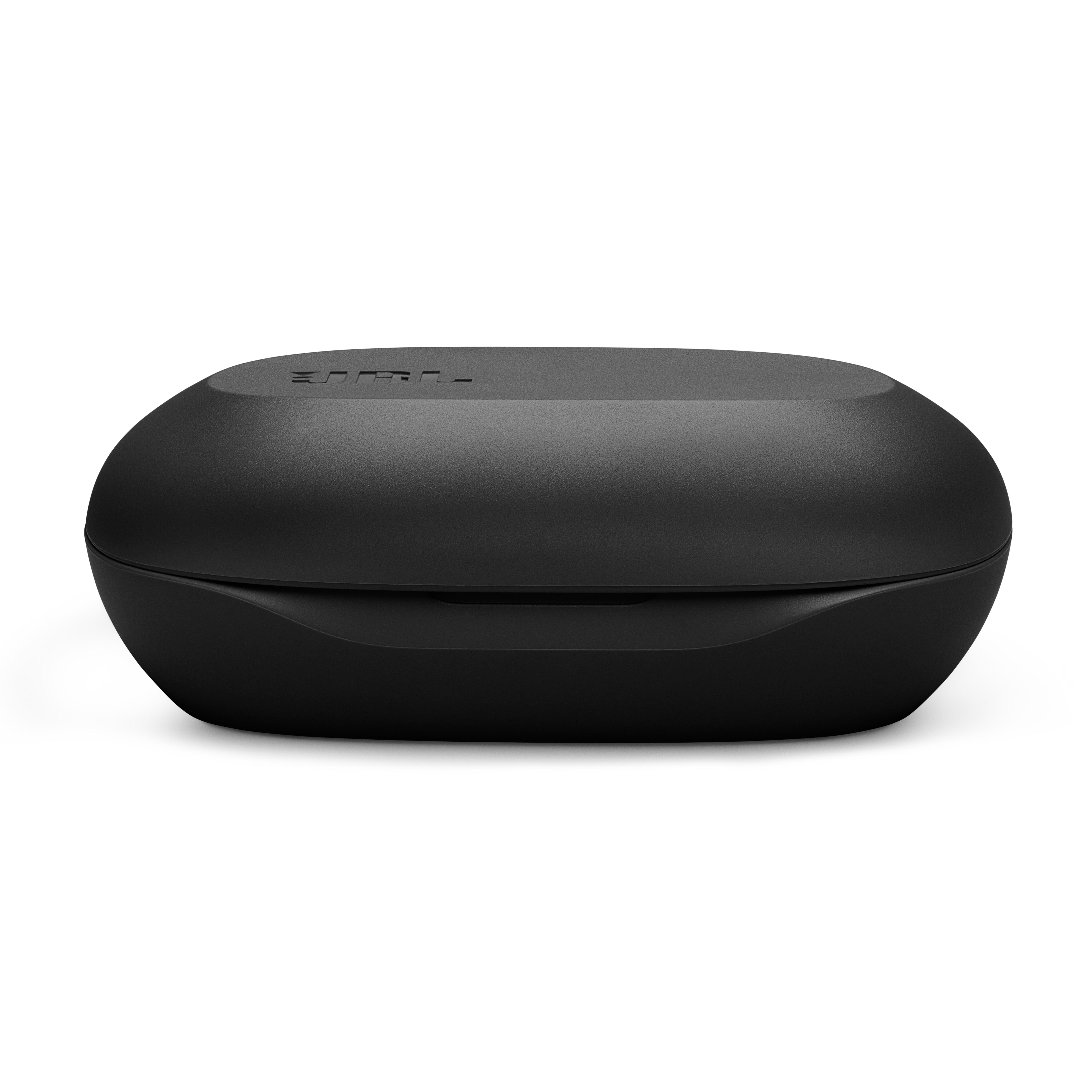 Geschlossenes, ovales schwarzes JBL-Ladecase mit JBL-Logo oben.