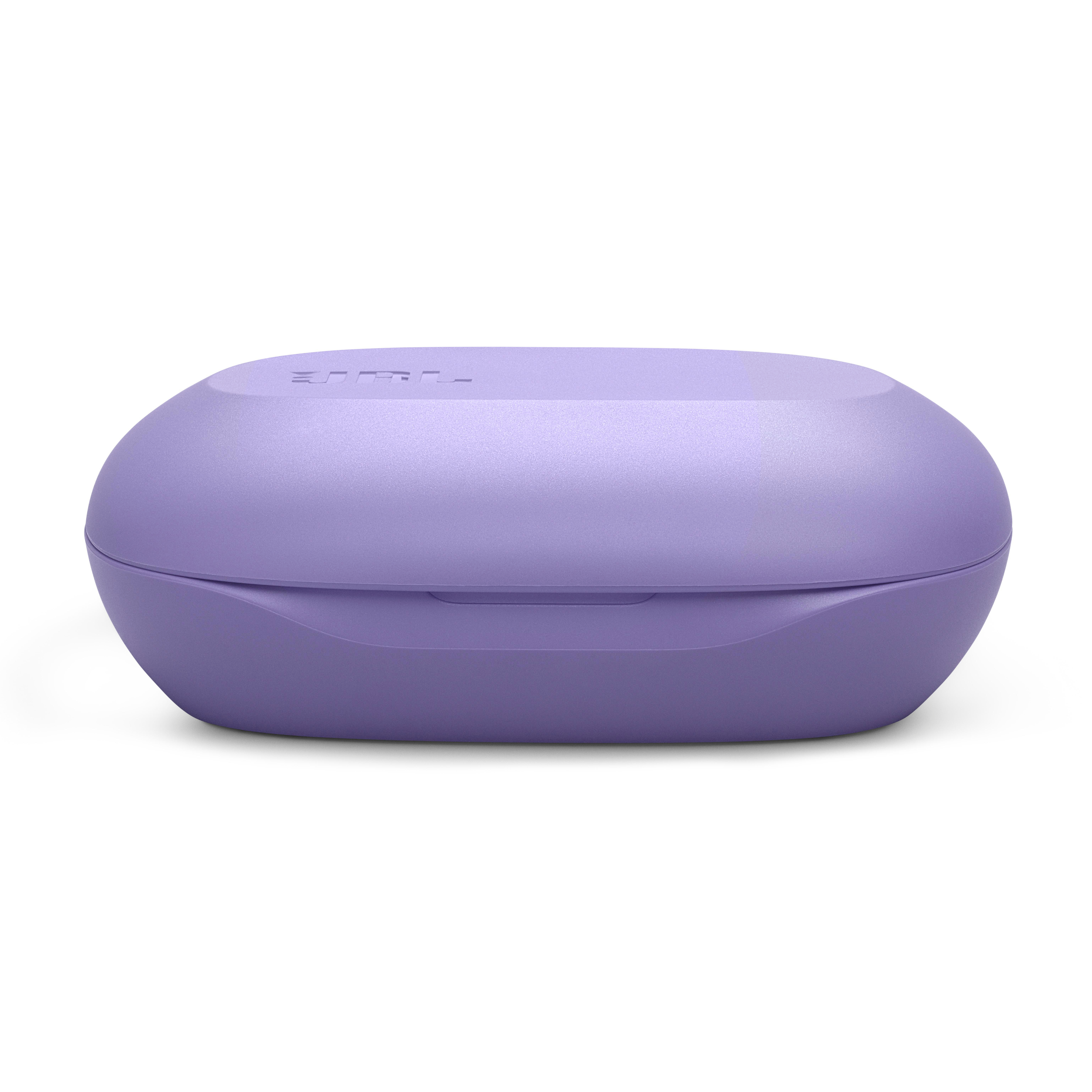 Geschlossenes, ovales, lavendelfarbenes JBL-Ladecase mit JBL-Logo oben.